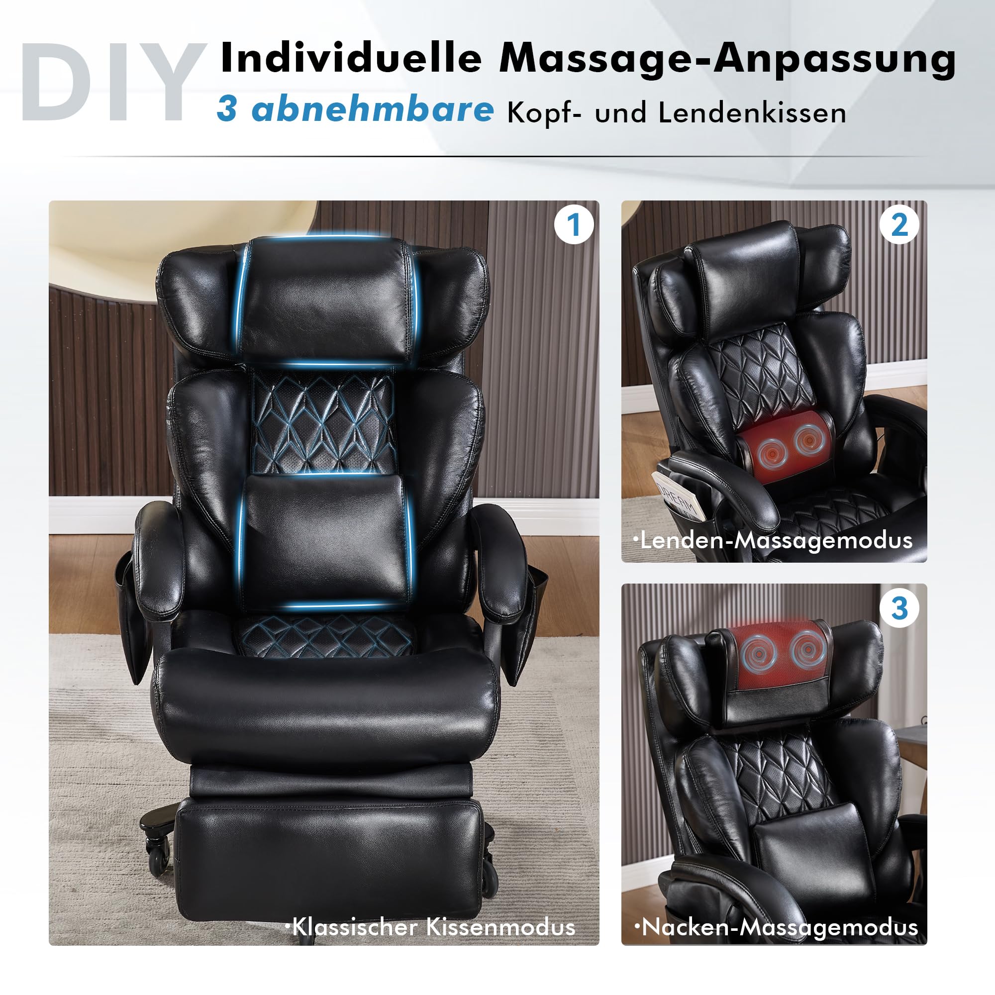 DEKKETO Bürostuhl Ergonomisch mit Fußstütze, PU Leder Chefsessel mit Massagefunktion, Verstellbare Kopfstütze und Lendenstütze, Rückenlehne, Drehstuhl mit Staufächern, Schwarz