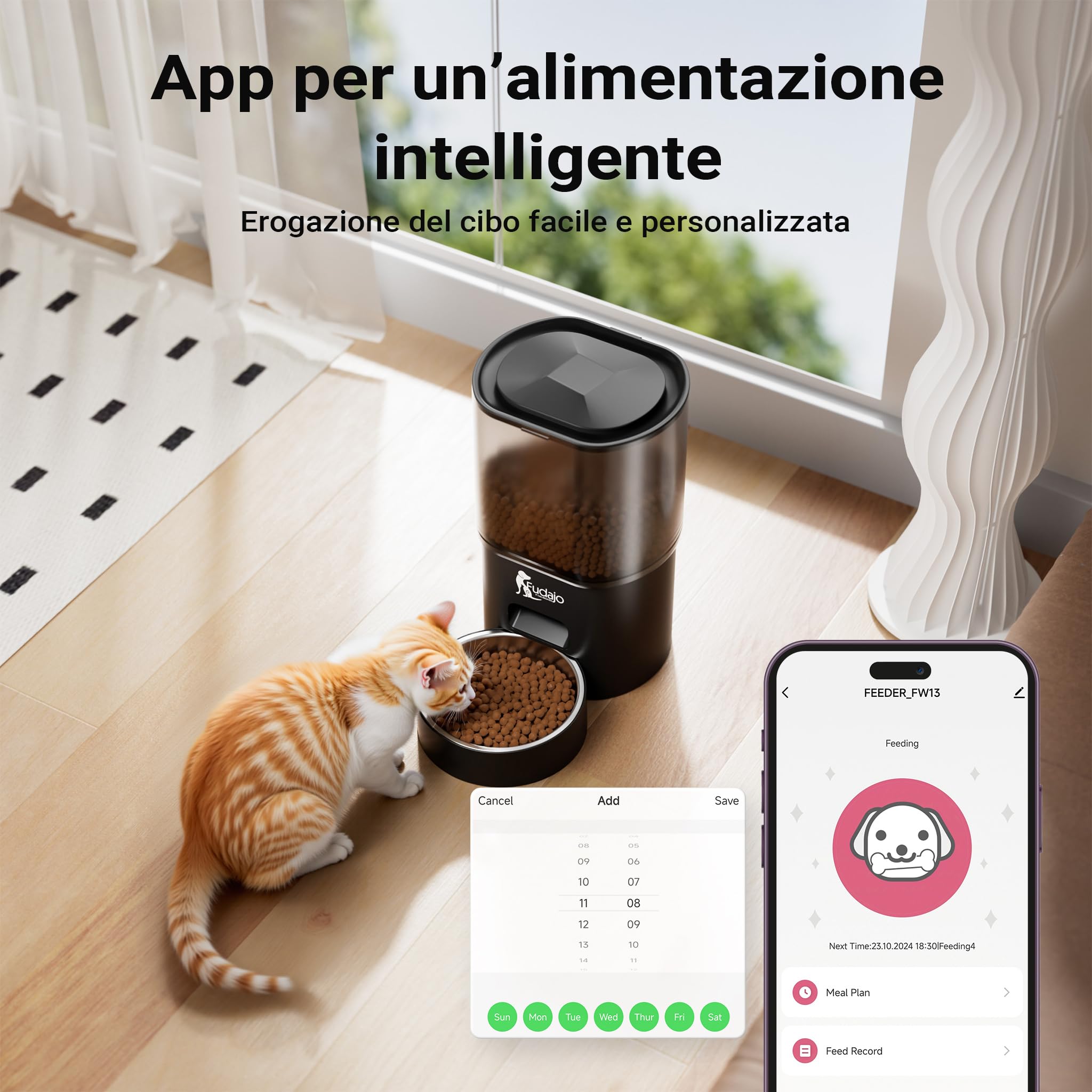 Fudajo Mangiatoia e abbeveratoio automatico per cani e gatti, distributore automatico di cibo da 3 litri e abbeveratoio da 2,5 litri, controllo mangime via app, colore nero