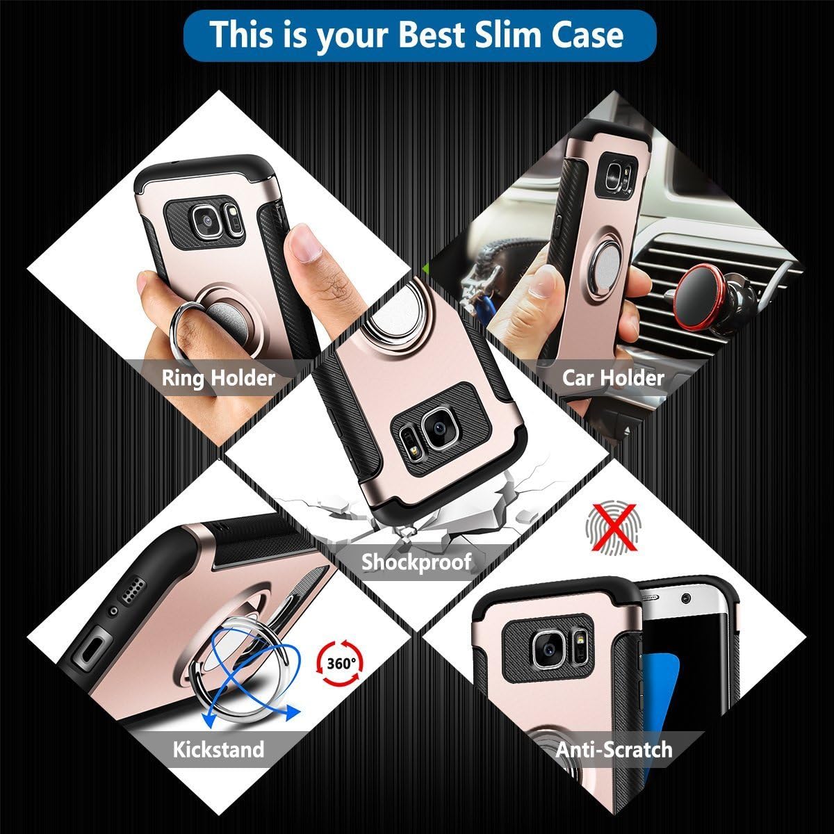 Ring Holder Case for Samsung Galaxy S7 (5.1 inch) Multifunction Hybrid Shockproof with Kickstand Protective Bumper Cover (Rose Gold)