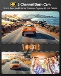 WOLFBOX i17 4K 3 Channel Dash Cam Built-in 5.8GHz WiFi GPS with 64GB Card, 4K+1080P+1080P Dash Cam Front and Rear Inside, Triple Car Camera with 3 Inch Screen, IR Night Vision, WDR, 24H Parking Mode