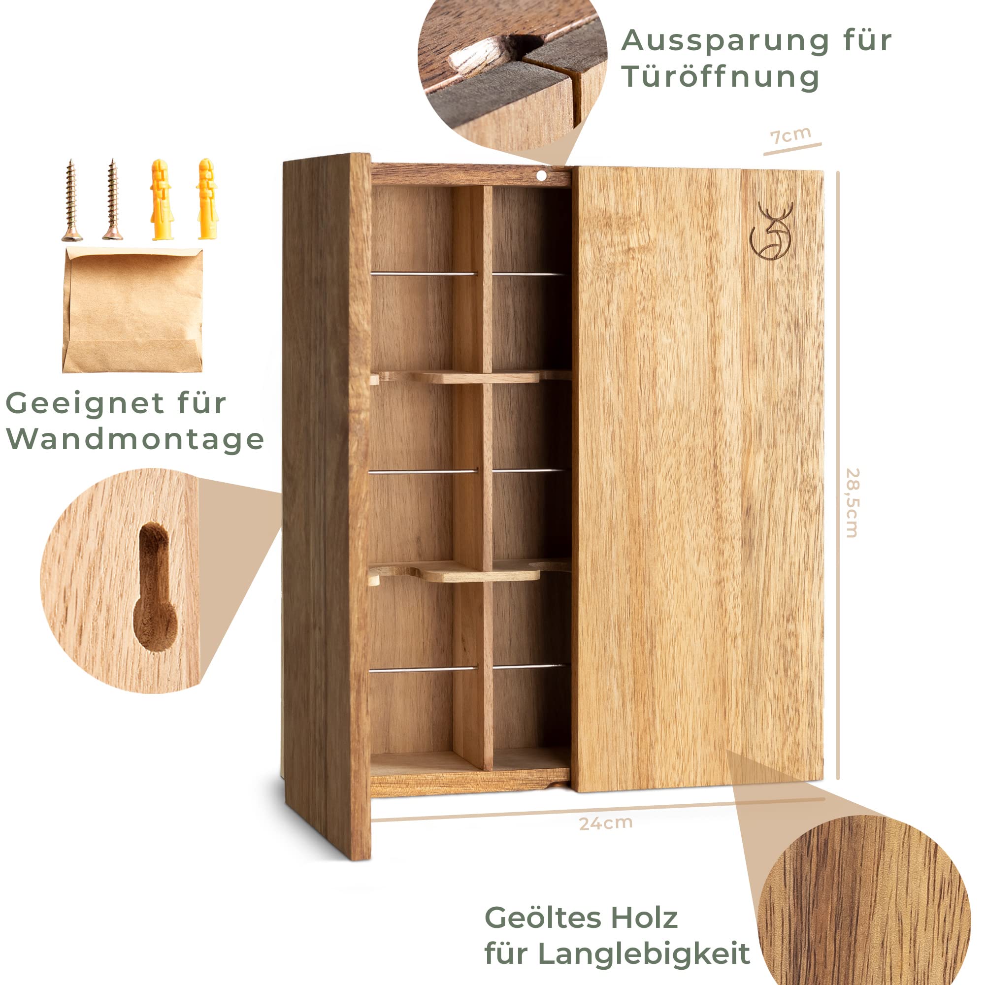 WALDWERK Design Teebox (9 Fächer) - Tee Aufbewahrung aus robustem Akazienholz - Plastikfreie Teebeutel Aufbewahrungsbox - Teebox groß mit Zubehör für Wandmontage