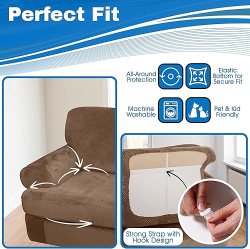 Miniatura 4 de ULTICOR Funda de sofá elástica de terciopelo en forma de T de 3 piezas para sofá extra ancho de 2 cojines, funda de sofá de terciopelo grueso de