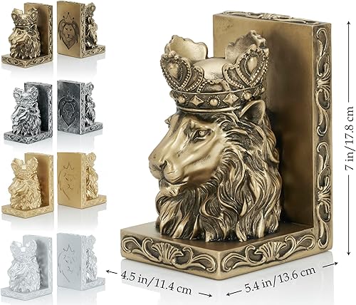 Miniatura 10 de Sujetalibros decorativos de estatua de león (juego de 2) escultura de león corona para regalo de Leo, sujetalibros resistentes, extremos