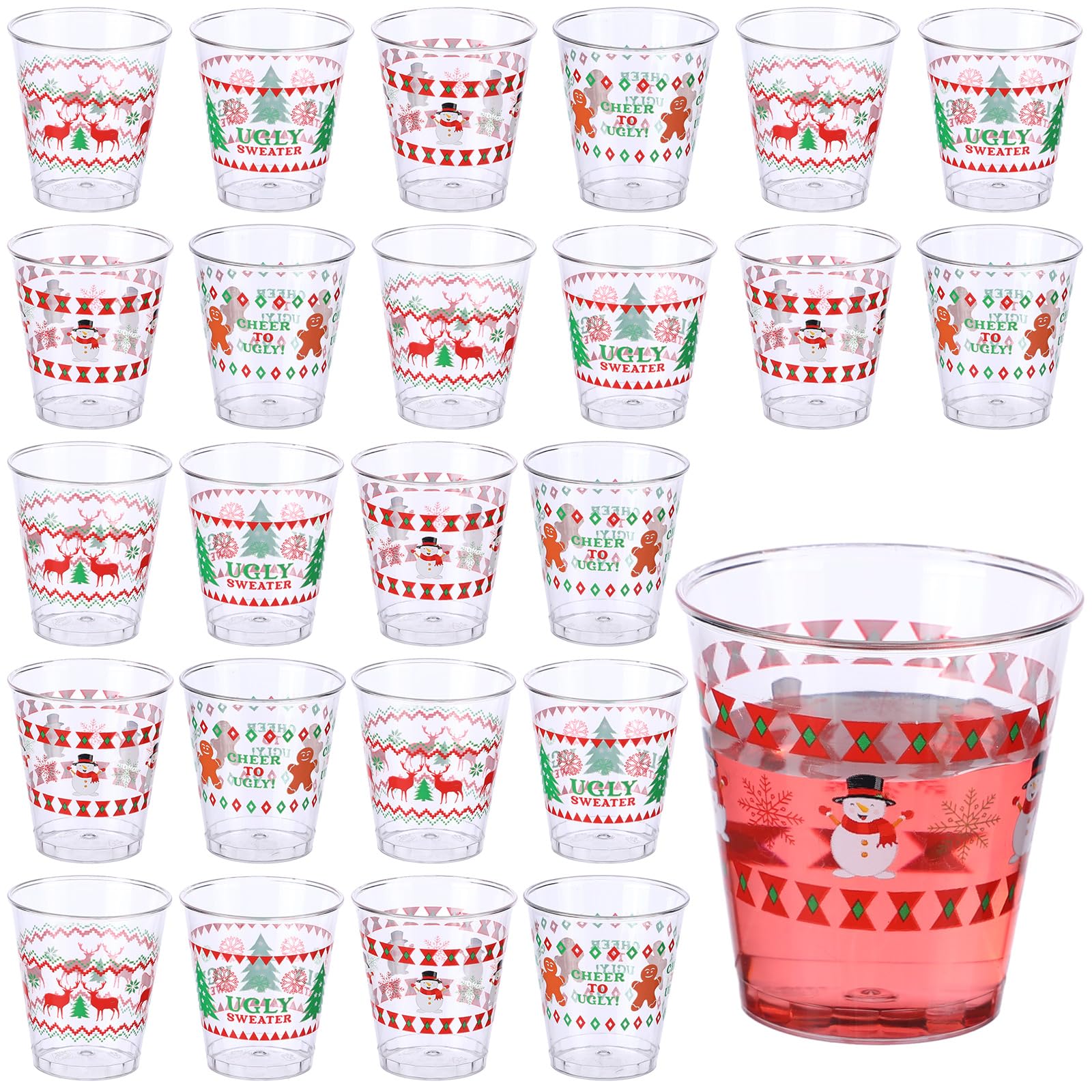 Funtery 24 Pcs Ugly Sweater Plastic Shot Glasses 1.7 oz Disposable Mini Shot Cups for Christmas Holiday Party Supplies Decoration