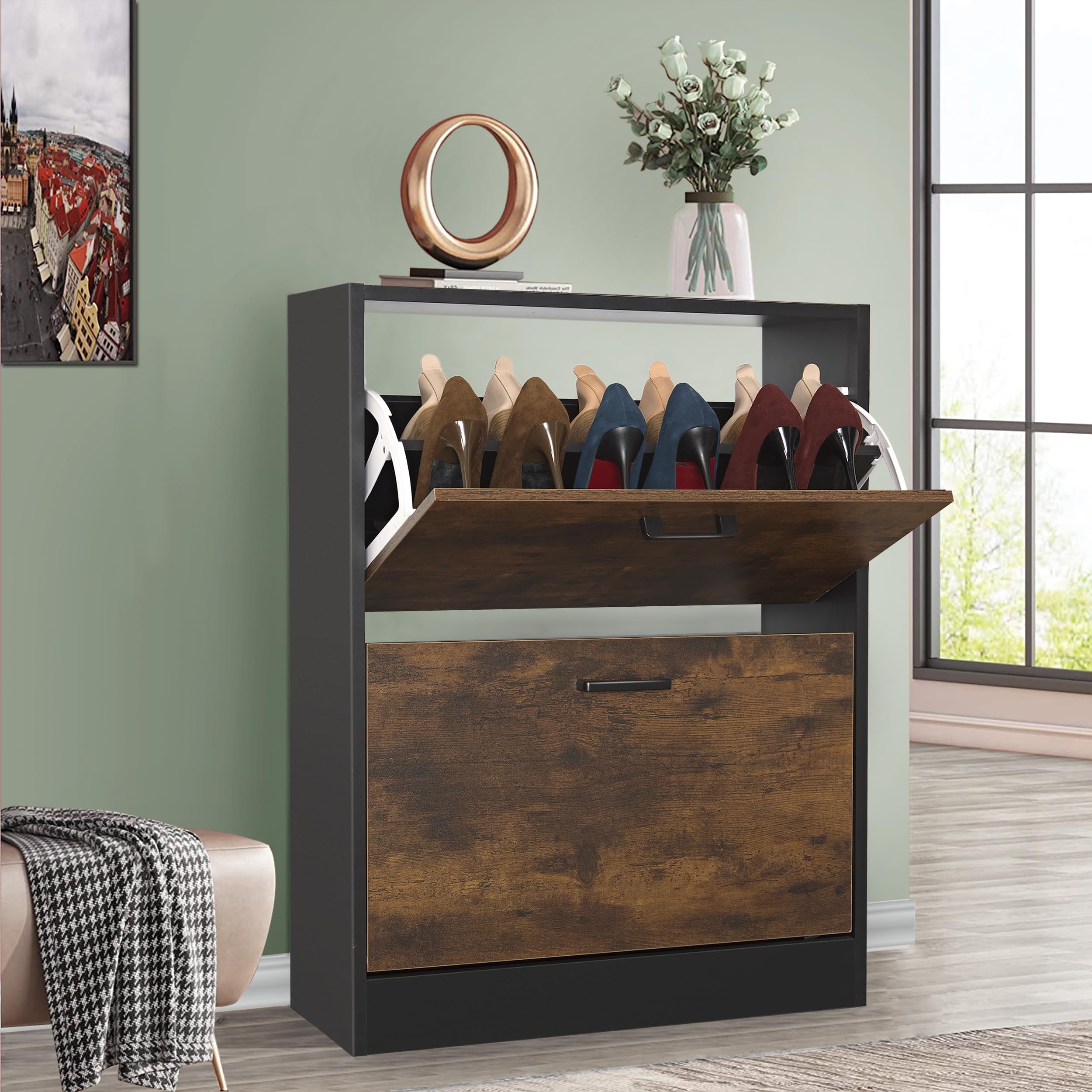 Blisswood 2 Drawer Shoe Cabinet, Pull Down Wooden Shoe Storage Organiser Cupboard Unit Hallway Furniture, Space Saving 2 tier Modern Shoe Rack Cabinet Footwear Stand for Shoes (Black & Rustic) — image 1