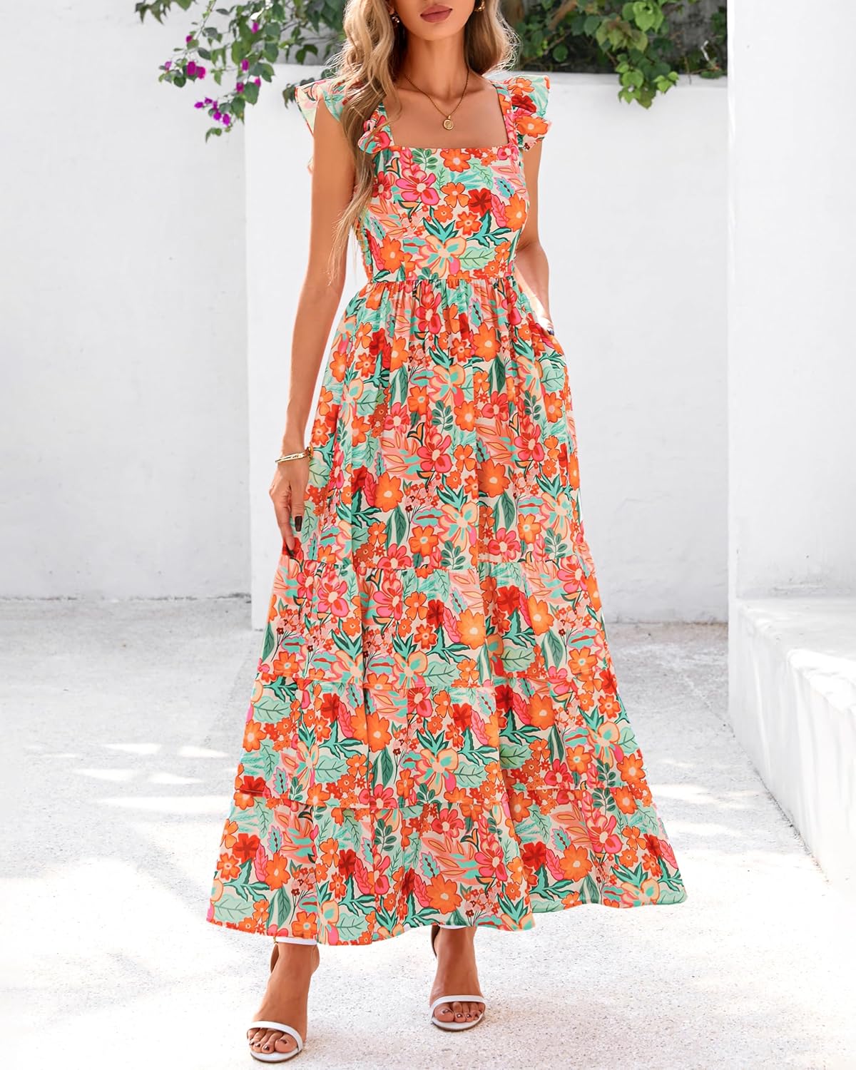 dowerme Summer Dresses for Women 2026 Casual Ruffle Smocked Tiered A-Line Boho Floral Maxi Beach Sun Dress with Pockets - Image 6