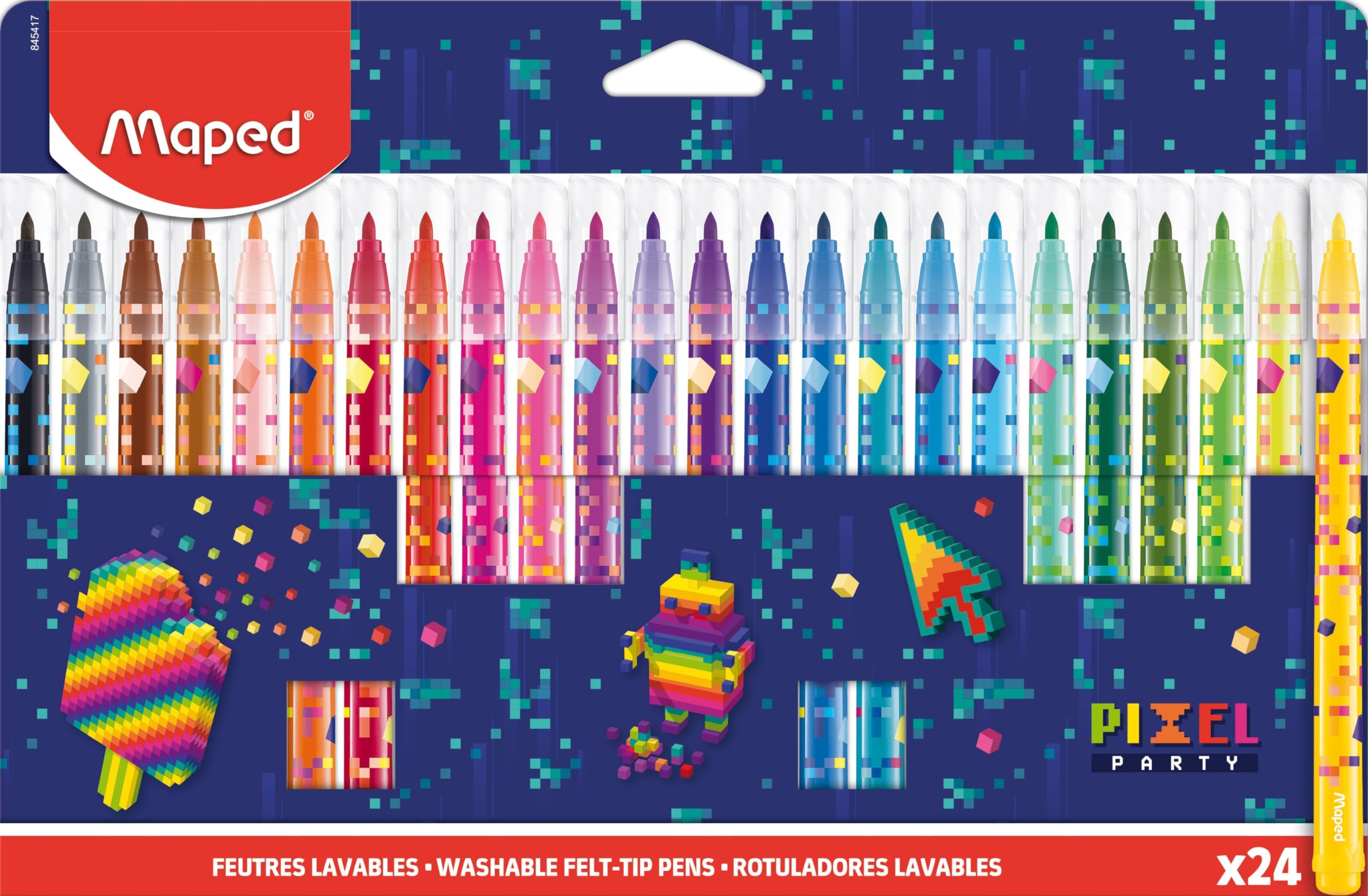 Maped - 24 Pixel Party Colouring Pens - Coloured Felt Tip for Kids Drawing - Washable with Medium Tip
