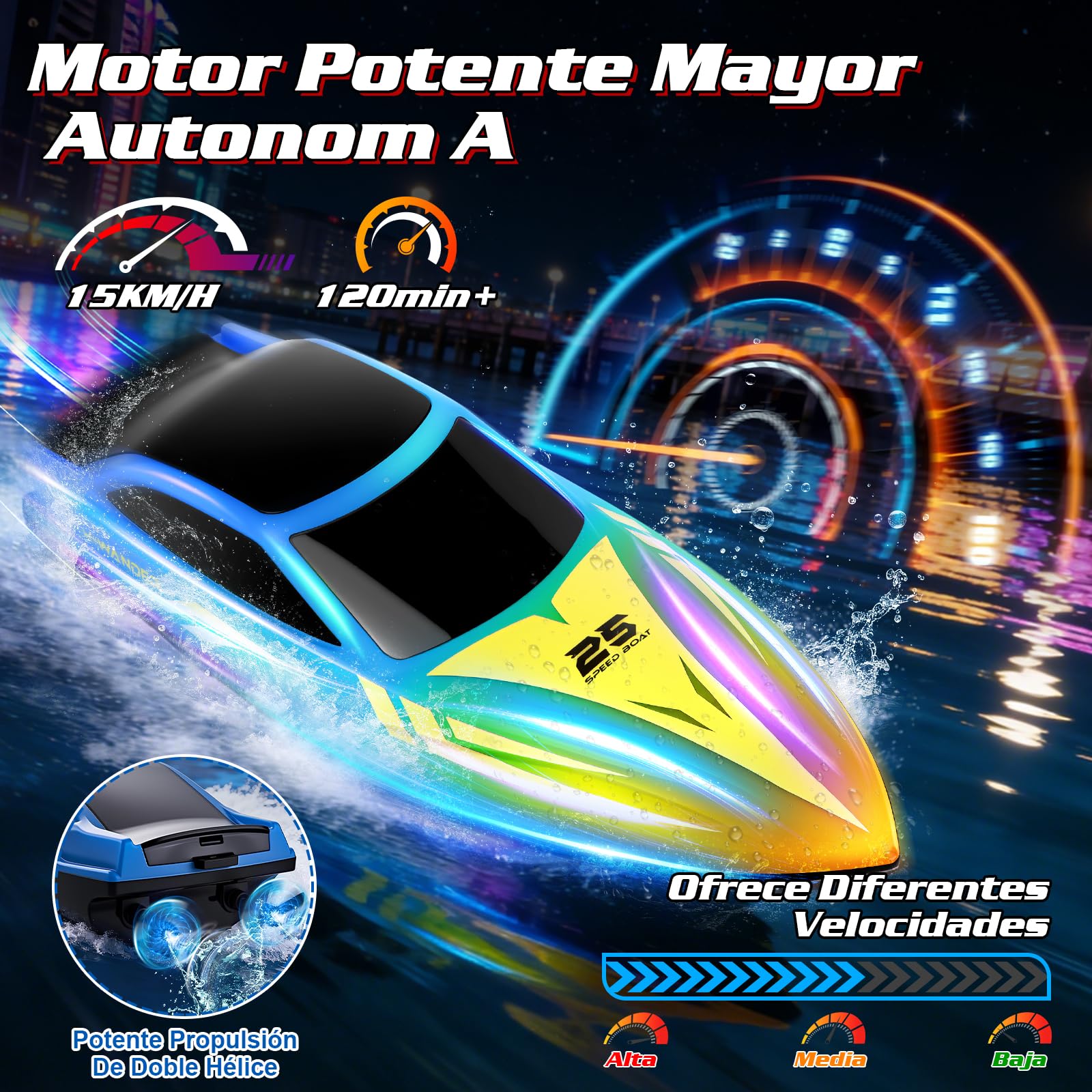 FORMIZON Barco Teledirigido, 2.4GHz Lancha Teledirigida con 7 Modos de Luces LED, 15 km/h Barco RC para Piscinas, más de 120 Minutos, Barcos Teledirigidos Juguetes de Piscina para niños (Azul)