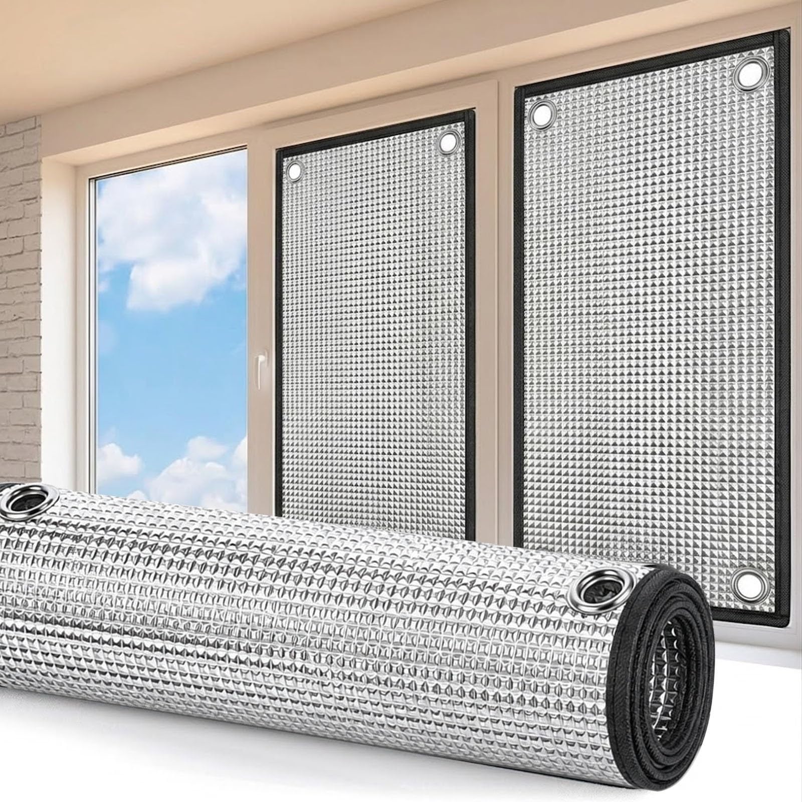 Window Insulation Film Aluminium Foil, Total Blackout Heat Control Cover with Suction Cups, Reusable Privacy Sun Blocker for Conservatory Bedroom, Easy DIY Install(Black,140x170cm)