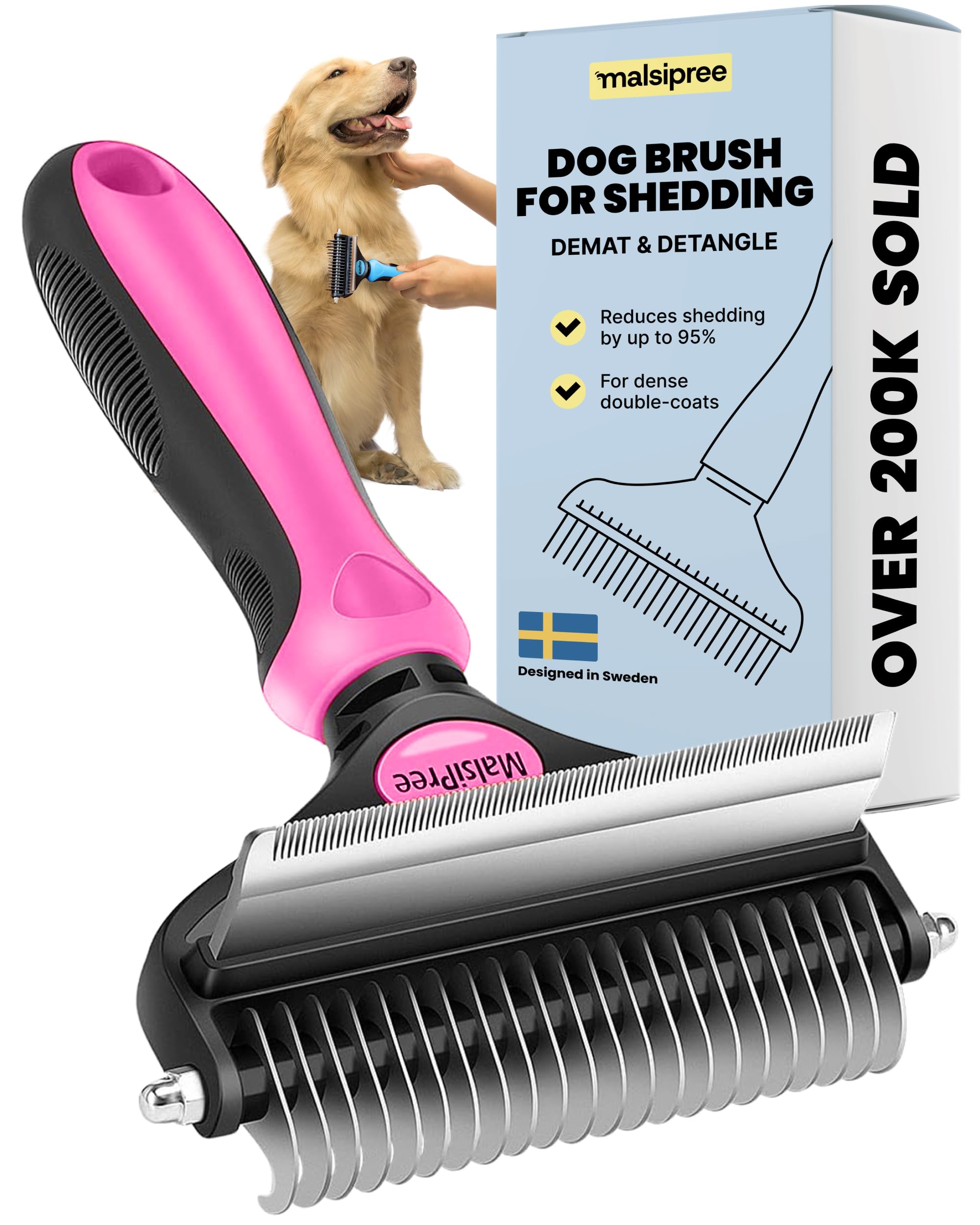 MalsiPree Dog Brush for Shedding - 2 in 1 Undercoat Rake Deshedding Tool for Medium to Large Double-Coated Dog Grooming - Pet Dematting Comb - Pet Deshedder (Pink)