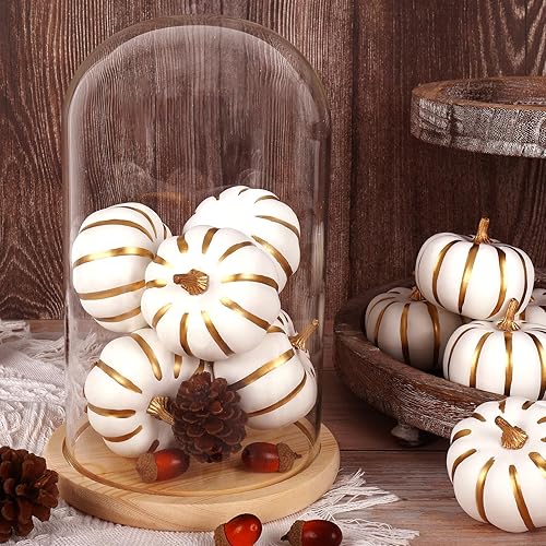 Miniatura 6 de Whaline Calabazas artificiales blancas a granel con bordes dorados, calabazas de espuma falsas de cosecha de otoño para otoño, Halloween, Acción de