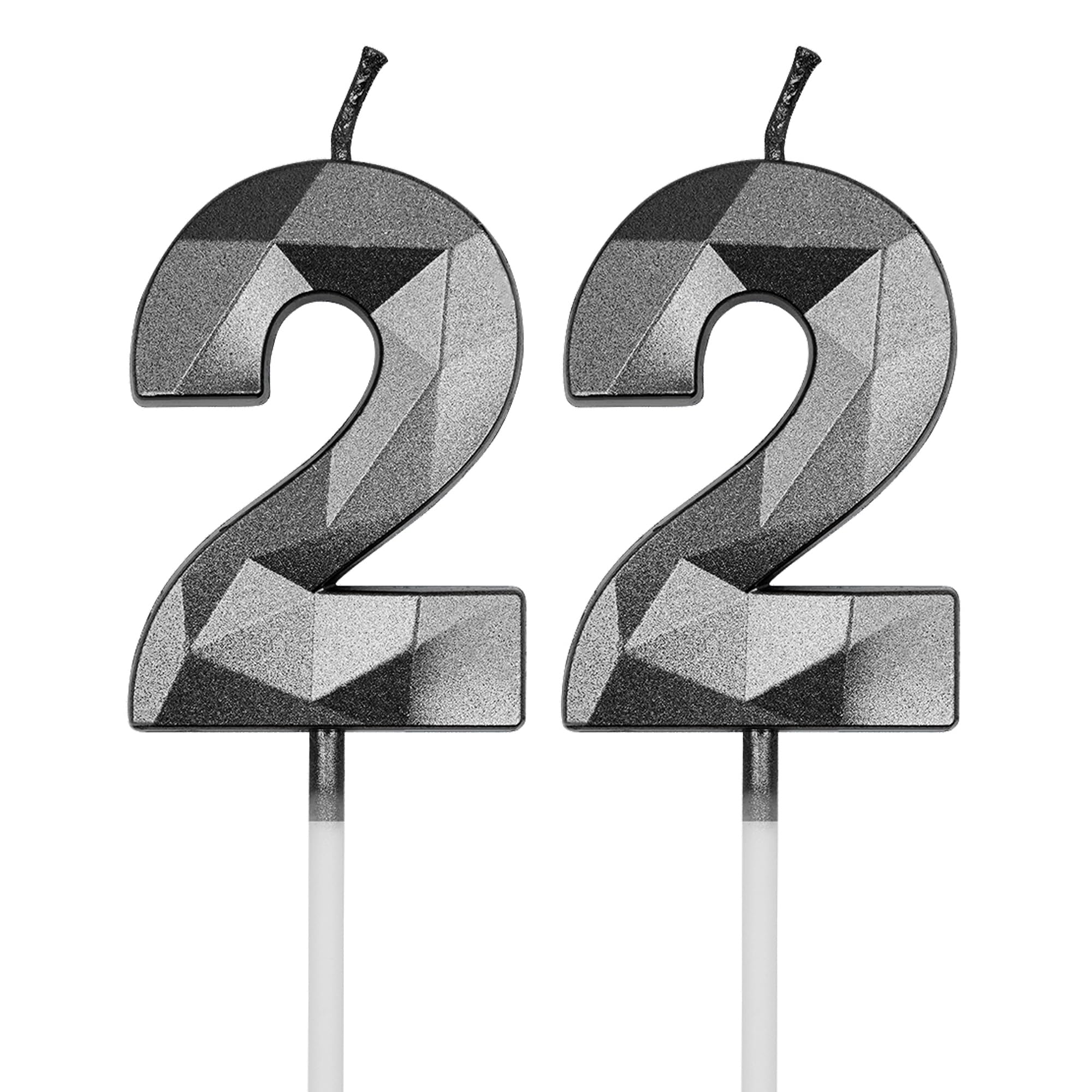 22nd Birthday Candles for Cake, Black Number 22 3D Diamond Shaped Candle Birthday Decorations Party Supplies for Girls, Boys, Women or Men