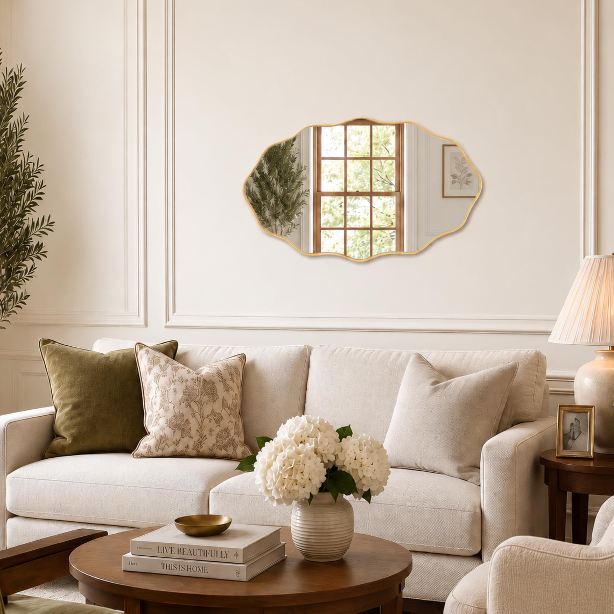 PERFNIQUE Specchio da parete dorato, 76 x 45 cm, con cornice in legno ondulato, per bagno, cameretta dei bambini, camera da letto, soggiorno, ingresso, decorativo moderno (oro, 76 x 45 cm)