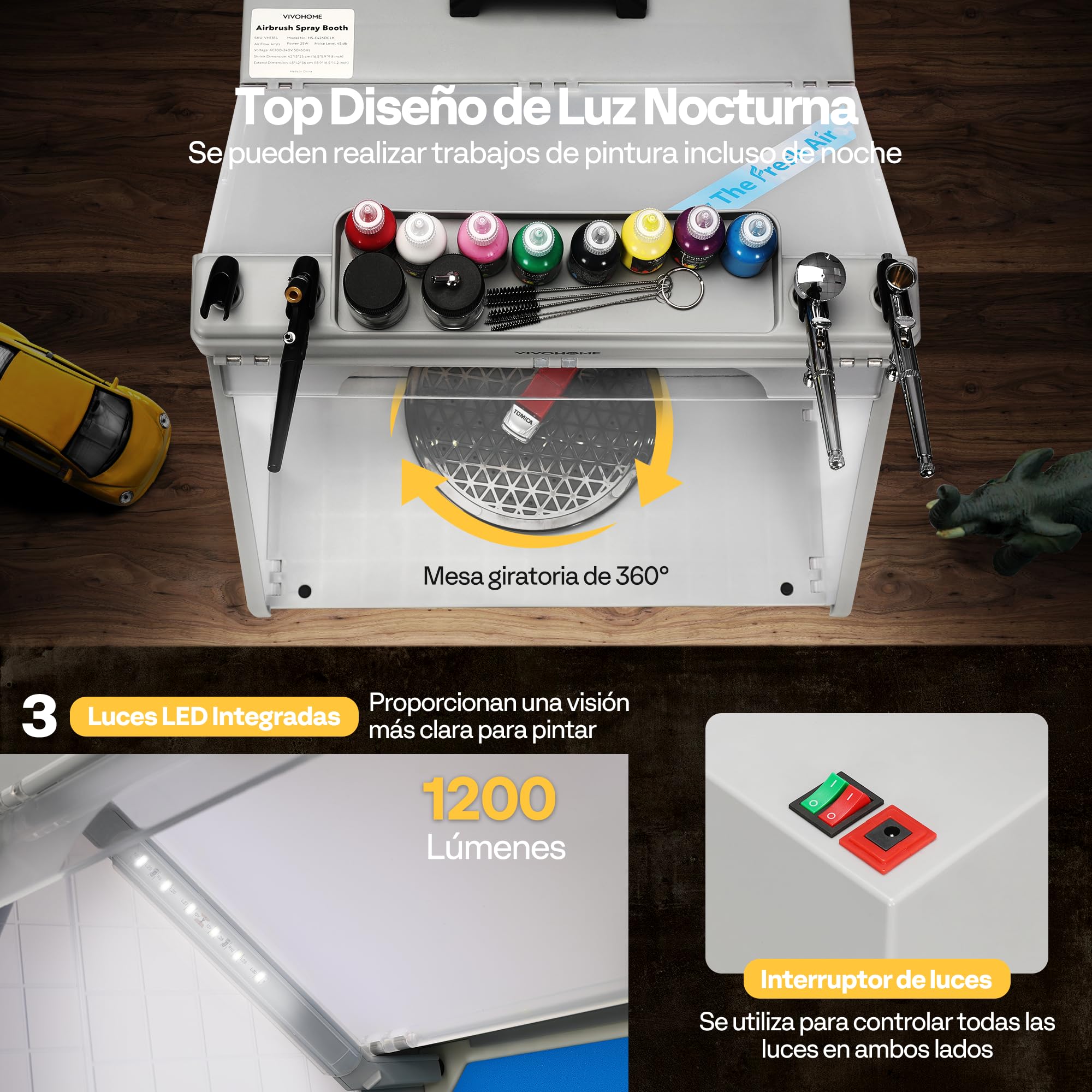 VIVOHOME Cabina de Pulverización Portátil para Aerógrafo con 3 Luces LED con Soportes para Pistolas Pulverizadoras y Pintura Pintar Modelo