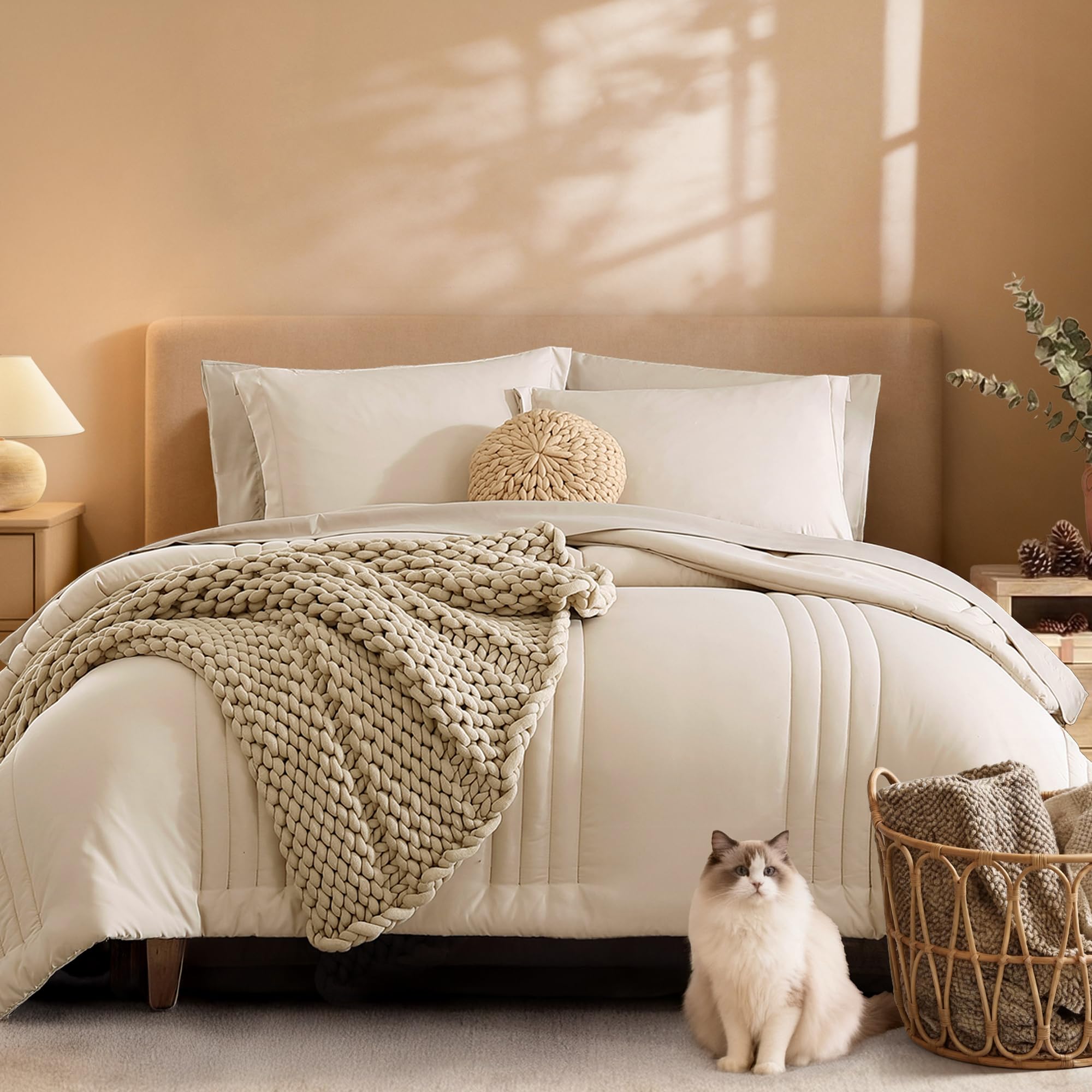 Monbix Queen Comforter Set - 7 Pieces Beige Bed in a Bag Queen Bedding Sets with Comforters, All Seasons Comforter Bed Set with Sheets,Pillowcases & Shams