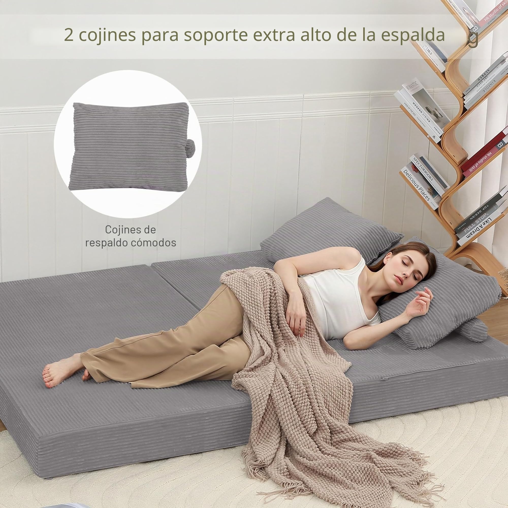 MeMoreCool Sofá cama de pana plegable con cojín, gris claro | Cómodo sofá con colchón y superficie de pana suave, ideal como espacio para dormir, salón o cama de invitados