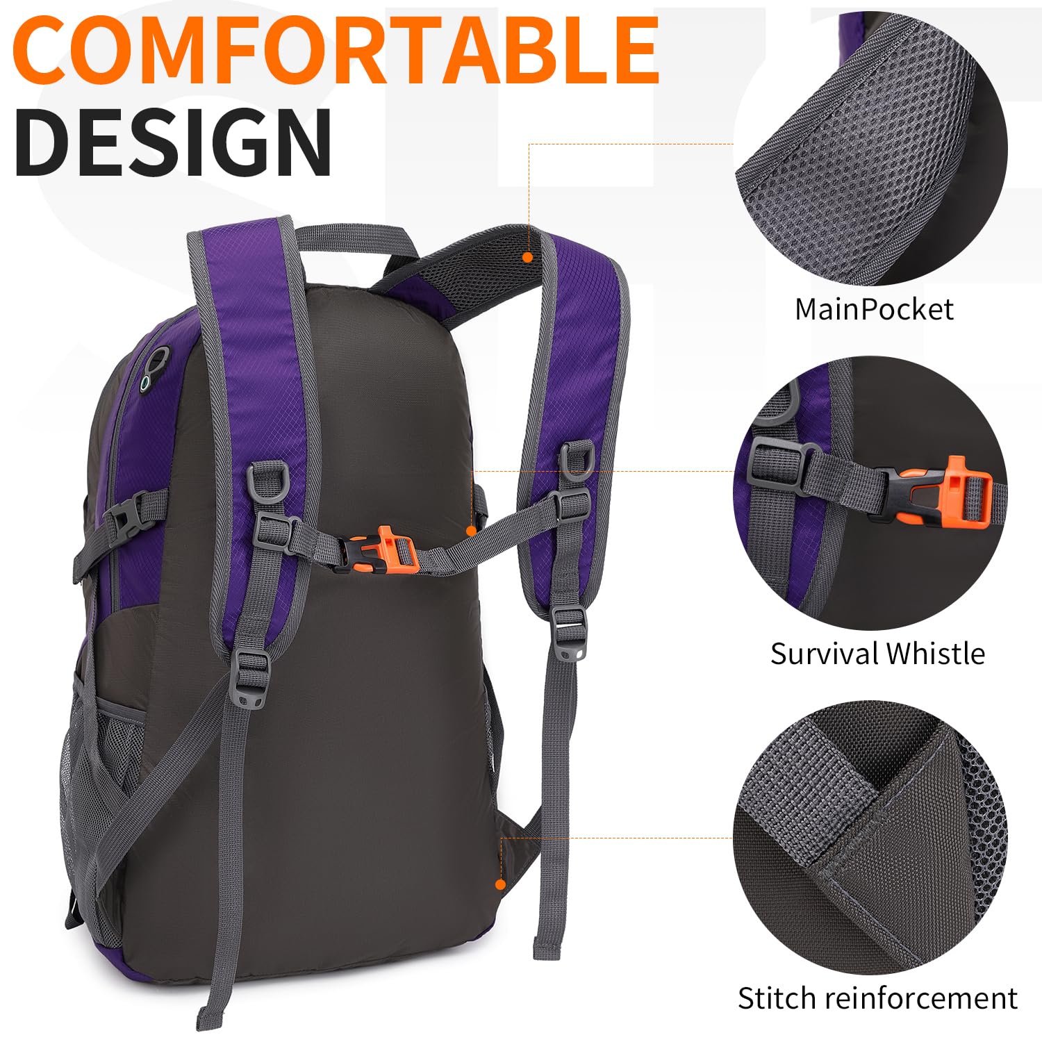 Plecak turystyczny 40 l wodoodporny plecak outdoorowy sportowy trekking, plecak kempingowy dla mężczyzn kobiet, Foldbale - Fioletowy