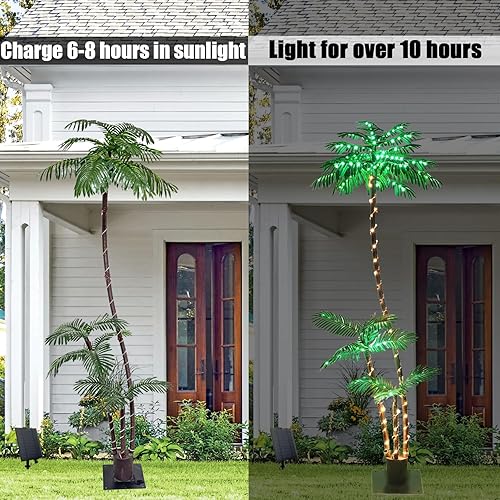 Miniatura 10 de Palmera artificial iluminada de 7 pies con tres troncos y 260 luces LED, ideal para uso en exteriores e interiores, perfecta para bares Tiki,