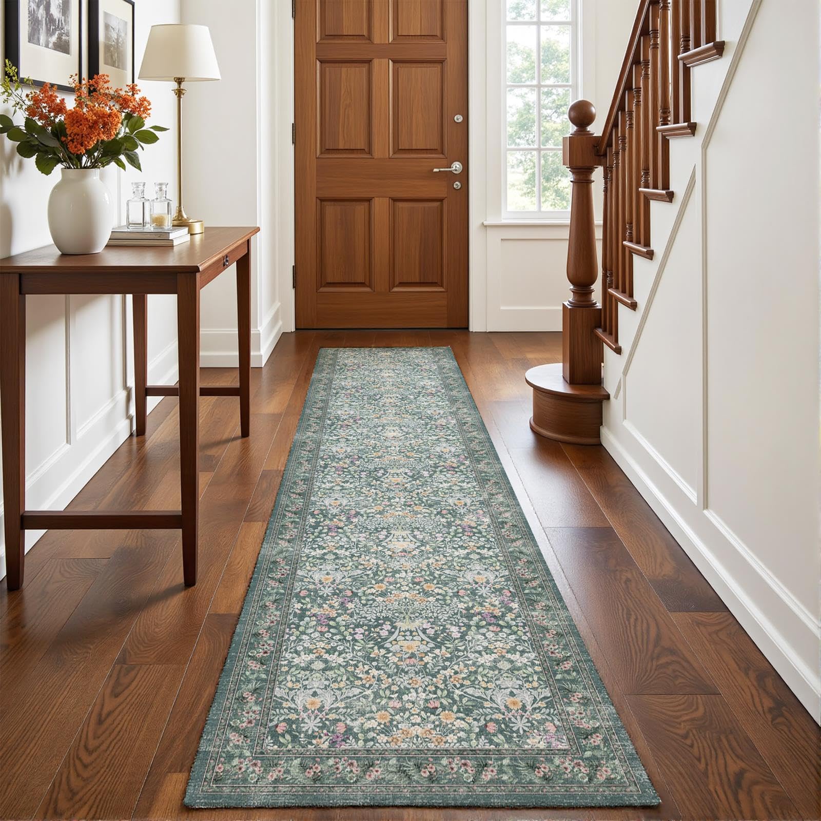 Decoranddecor Floral Hallway Runner Rug, 60x240cm – Non-Slip, Low Pile, Pet Friendly, Entryway, Kitchen, Easy Clean Durable Carpet – Zafira — image 1
