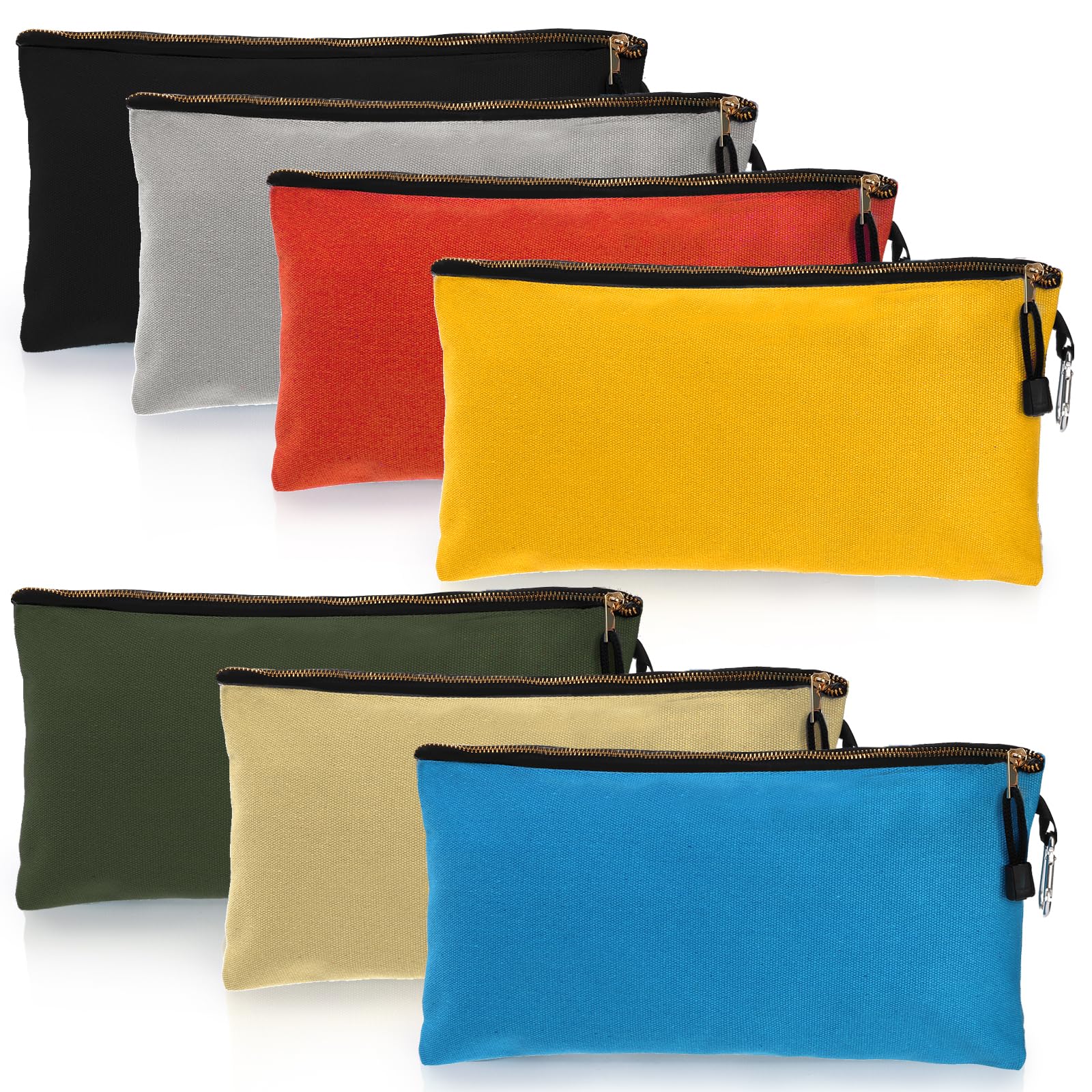 Tlence 7 Pack Canvas Tool Pouch, 16 OZ Heavy Duty Zipper Utility Bags, 12" x 7" Multipurpose Storage Organizer Tote Bag with Carabiner for Gadgets