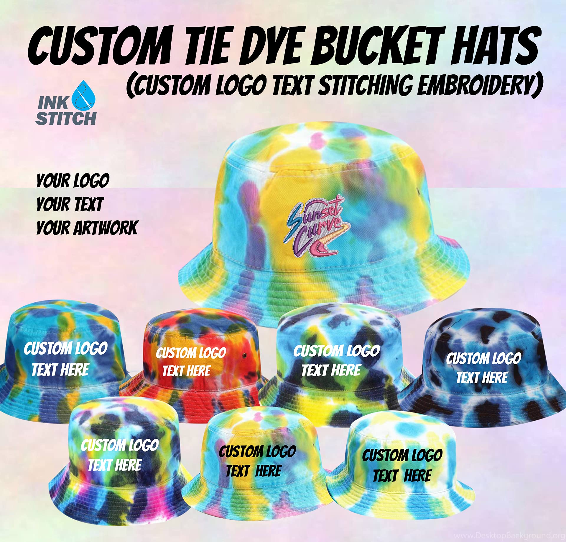 INK STITCH 1500TD Unisex Custom Stitching Logo Text Tie Dye Bucket Hats - Aruba (L/XL)