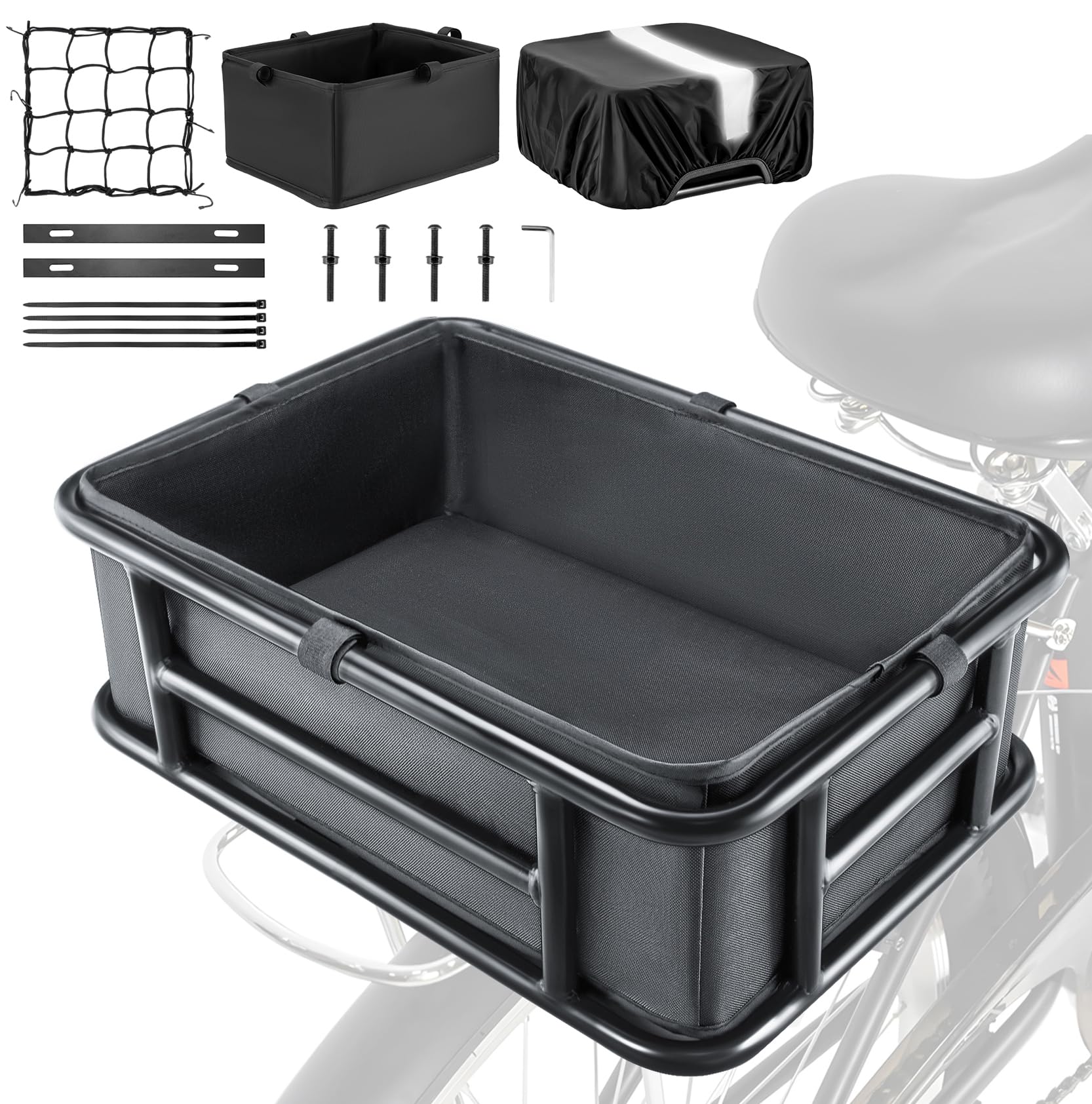 Bike Basket Rear with Liner,Waterproof Cover,Cargo Net Large Rear Bike Basket,Heavy Duty Bicycle Rear Basket for Electric Bike, Ebike,Great for Bike