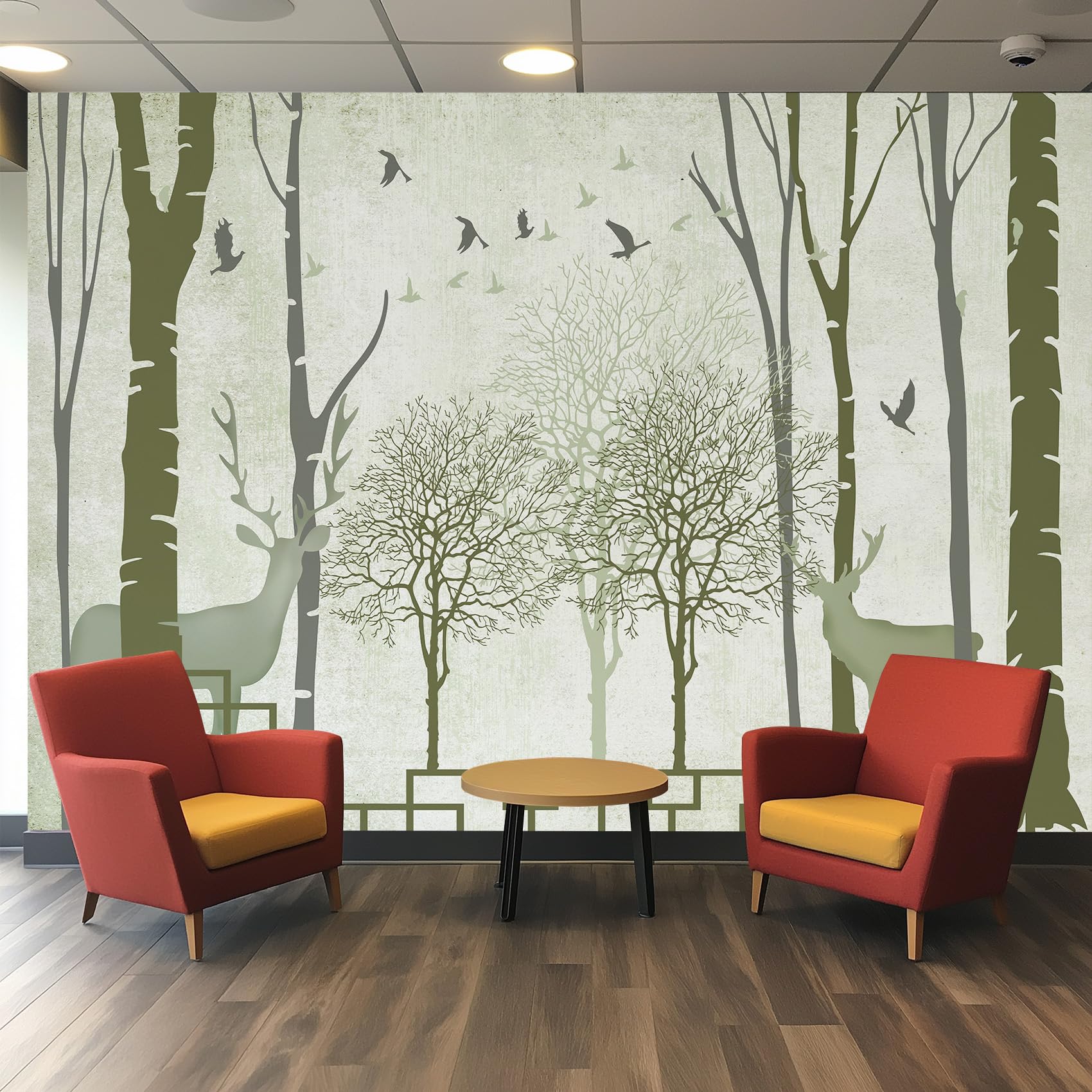 Papier peint panoramique forêt et cerf pour salon | 300x210 cm
