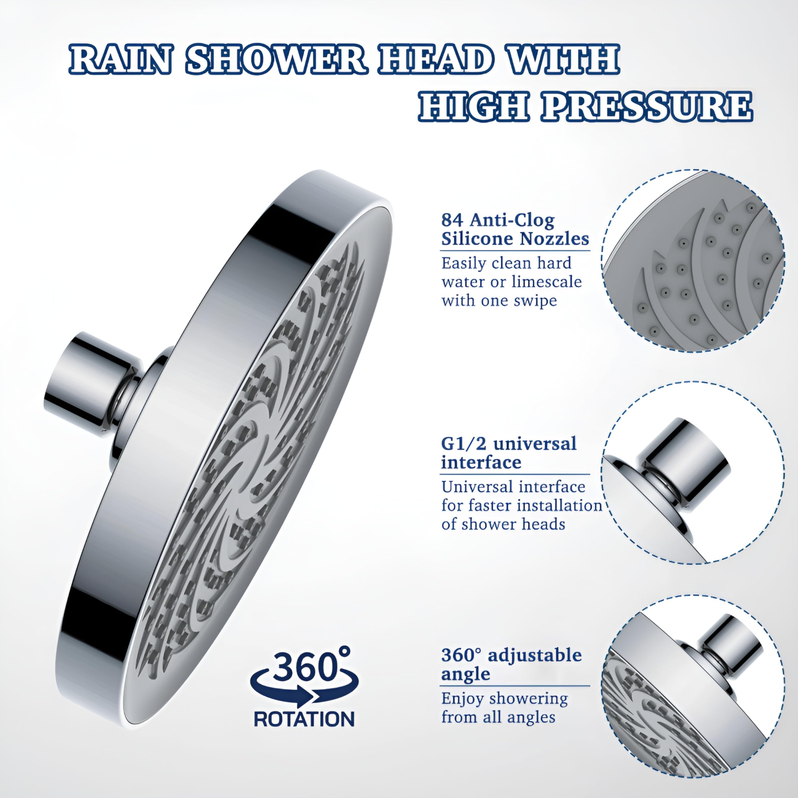 FUYIOCN 6 Inch Rainfall Shower Head, High Pressure Fixed Showerhead with Adjustable Angle, Chrome Finish, Tool-Free Install - Image 3