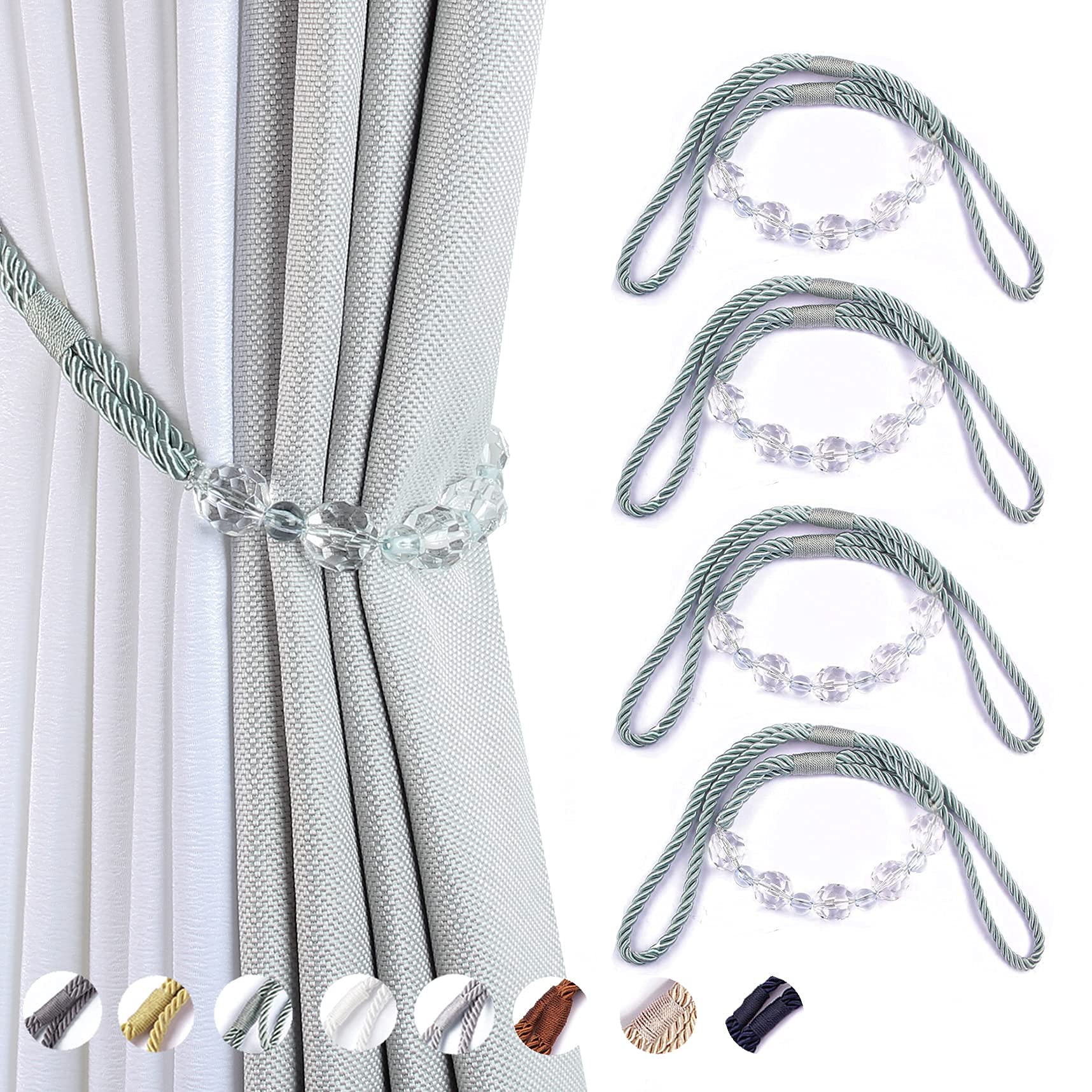 Tassel Curtain Tiebacks， Curtain Tiebacks 4 Pack Multicolor 31. inches Braided Rope With Crystal Beads(Light Blue)