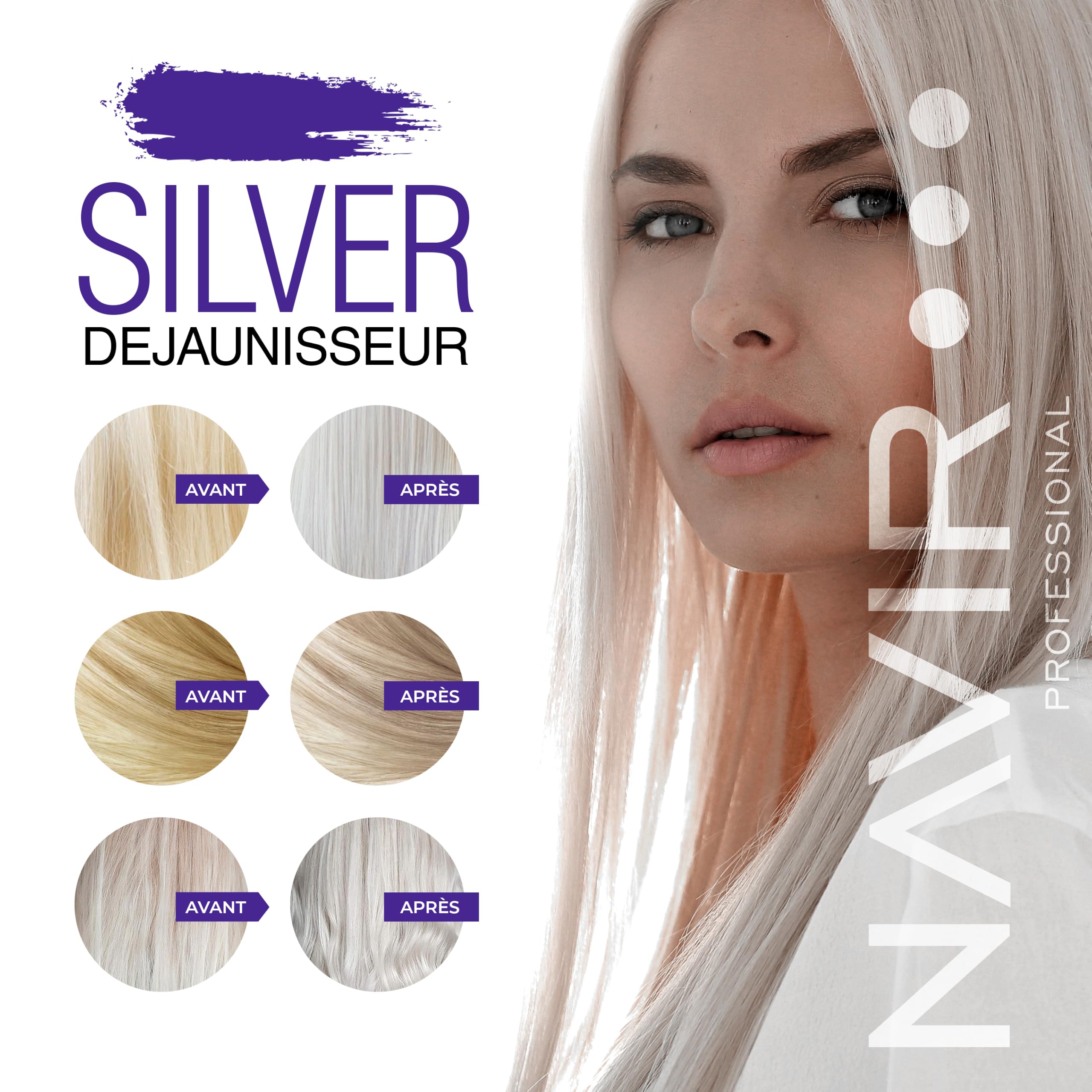 NAVIR Silver Traitement déjaunisseur professionnel pour cheveux blonds, décolorés, méchés, blancs et gris | Shampooing 300 ml + Masque 250 ml