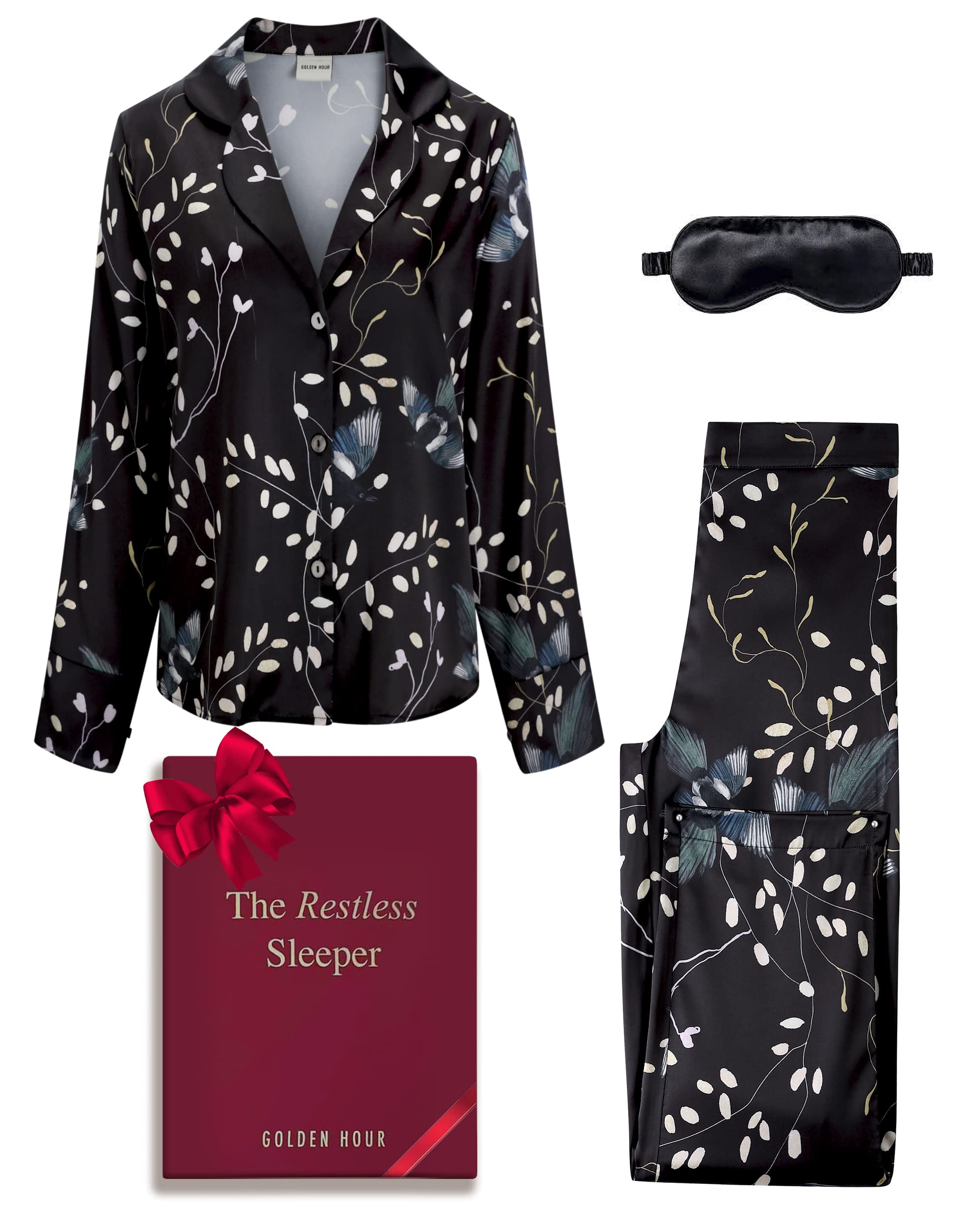 (Don’t specific size) GOLDEN HOUR Womens Silk Satin Pajamas Set 2 Pcs Floral Silky Pj Sets Long Sleeve Button Loungewear and Eye Mask