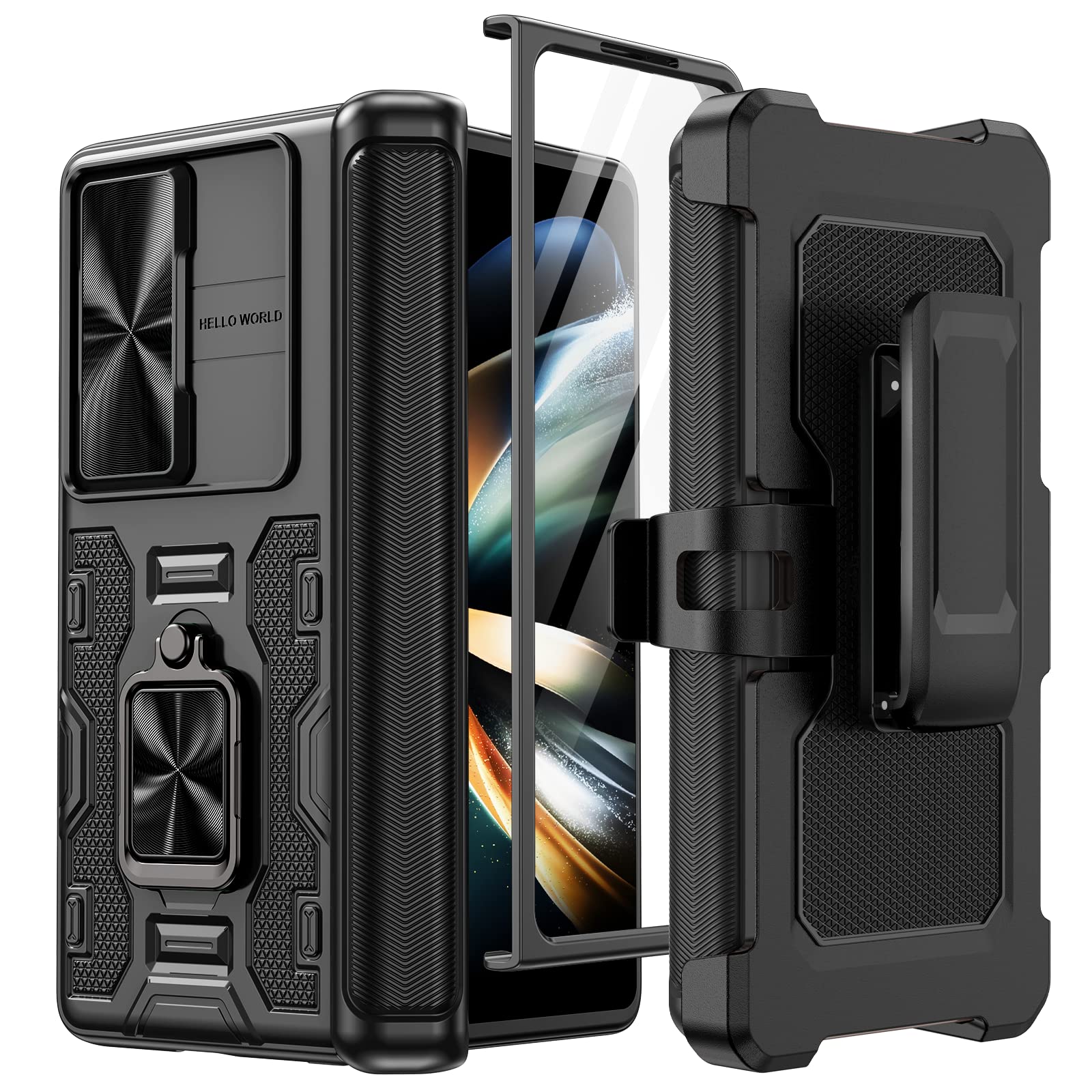 Caka for Z Fold 4 Case, Galaxy Z Fold 4 Case with Kickstand & Belt-Clip Holster Camera Cover with Built-in 360°Rotate Ring Stand Magnetic Case for Samsung Galaxy Z Fold 4 -Black