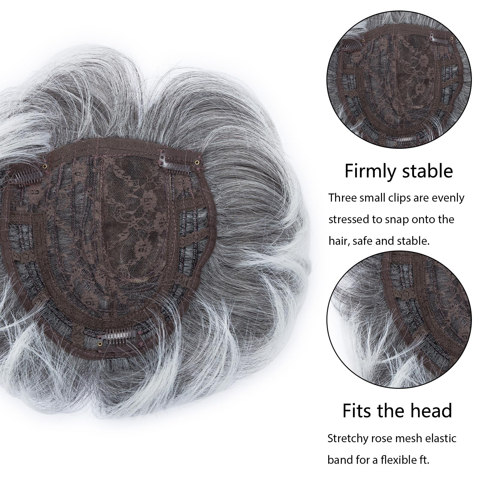BUYOGET Brown mix Grey Hair Topper for Thinning Hair Short 7 inch 6×6in Base with 3 Clips in Toppers Hairpiece for Women Men - Image 3