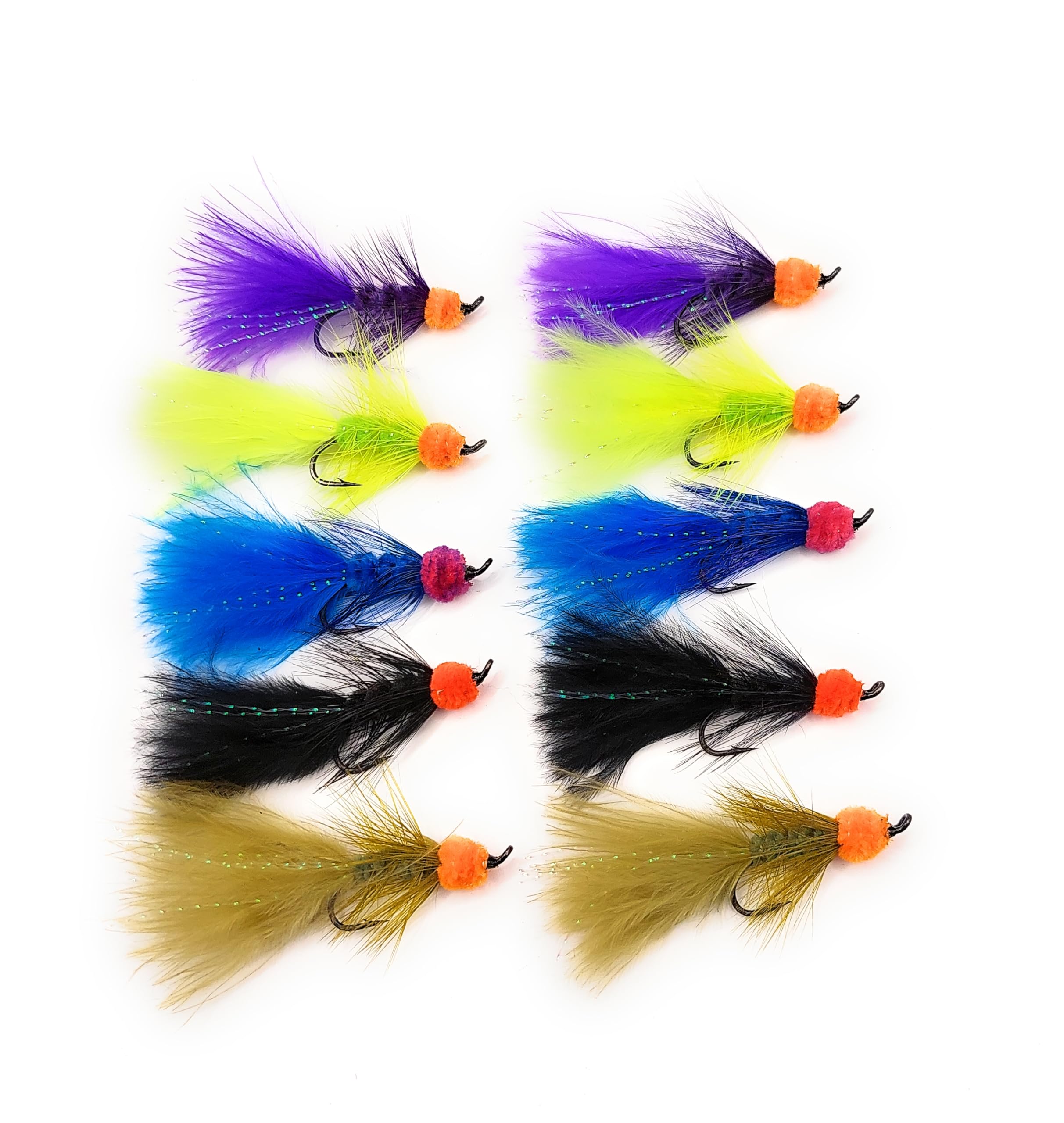 Egg Sucking Leech, Fly Fishing, Multiple Colors, Trout, Salmon, and Other Fresh Water Species, Salmon Hook, Set of Ten Flies (10pcs Set), Two Flies of Each Color, Multiple
