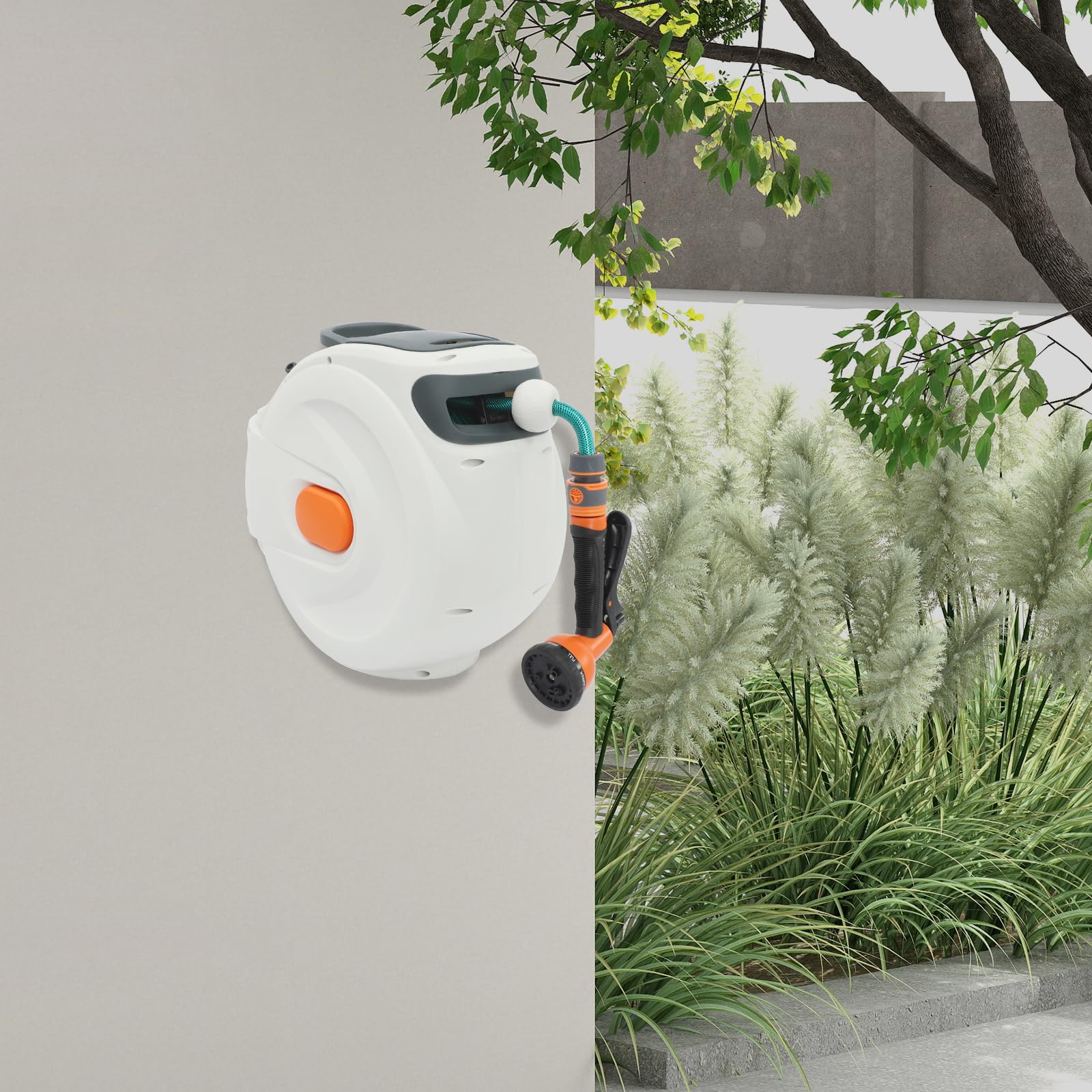 Schlauchtrommel Wasser mit 20m Ausziehbarem Schlauch, Automatischer Einziehbarer Wasserschlauch, Aufroll-Automatik Schlauchbox Gartenschlauchaufroller für Bewässerung