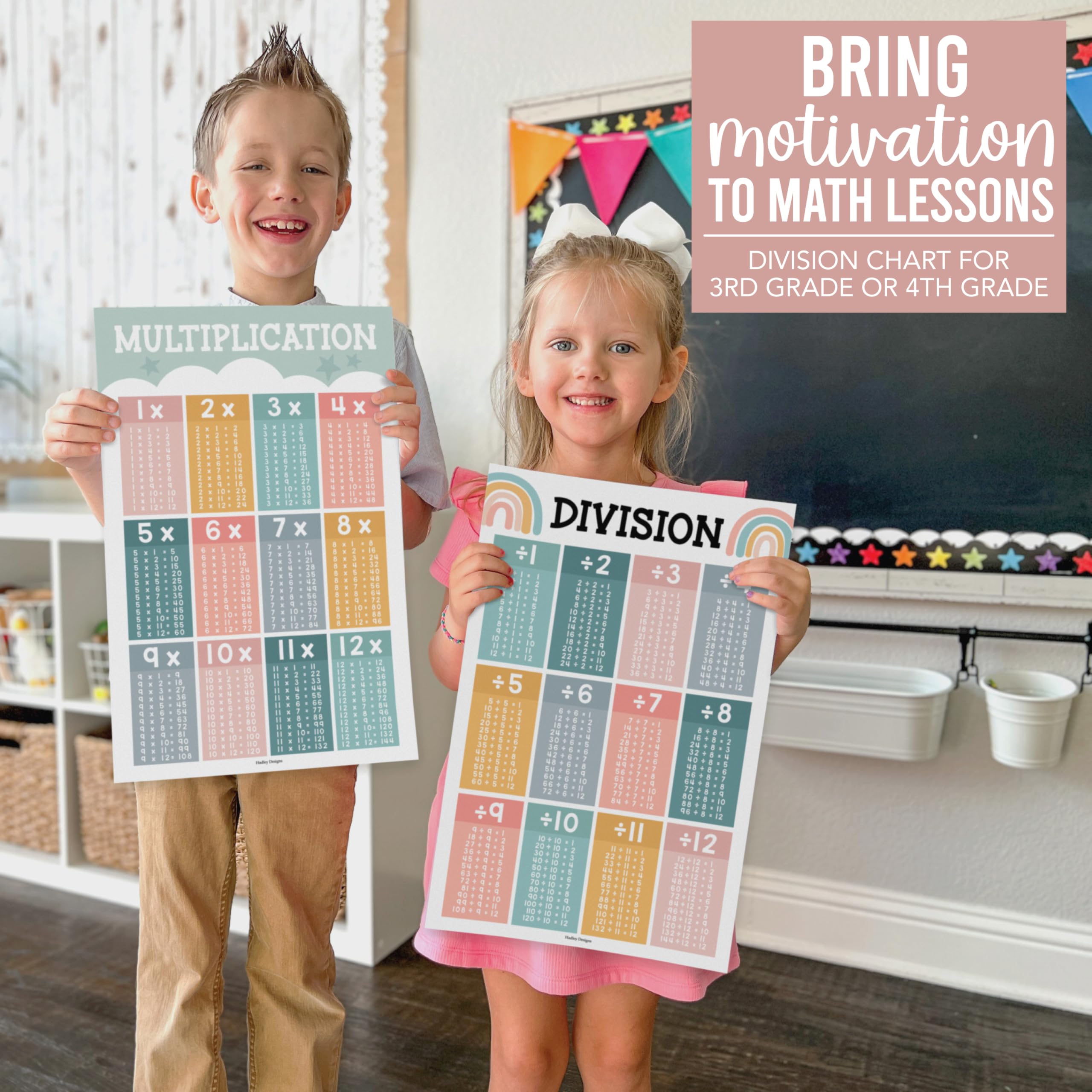 2 Large Multiplication and Division Posters for Wall - Multiplication Chart Poster & Times Table chart, Division Table & Math Poster, Classroom and Kids Learning Decor, Boho Classroom Decor - Image 2