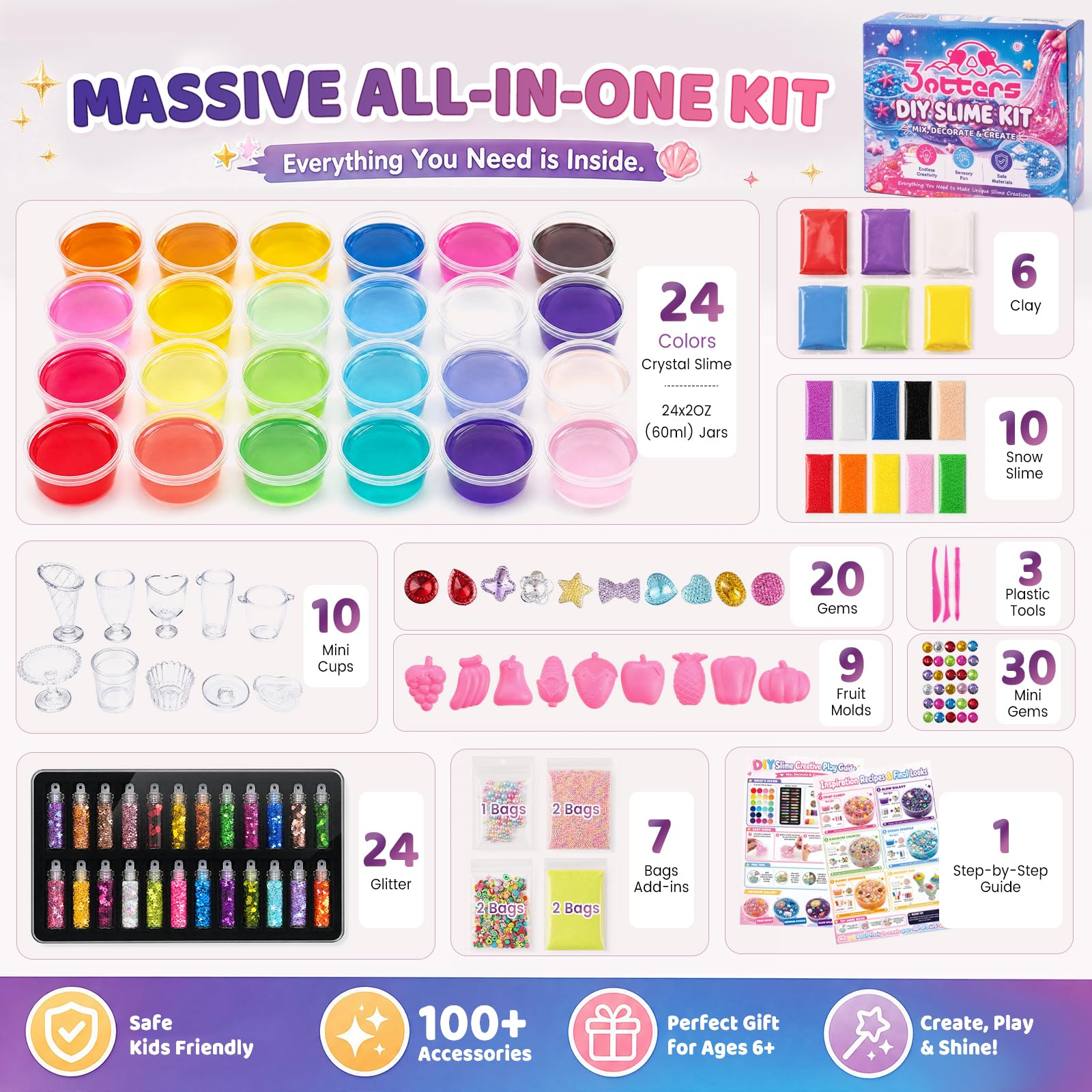 3 otters 24 Pack DIY Slime Kit for Kids with Glow Powder