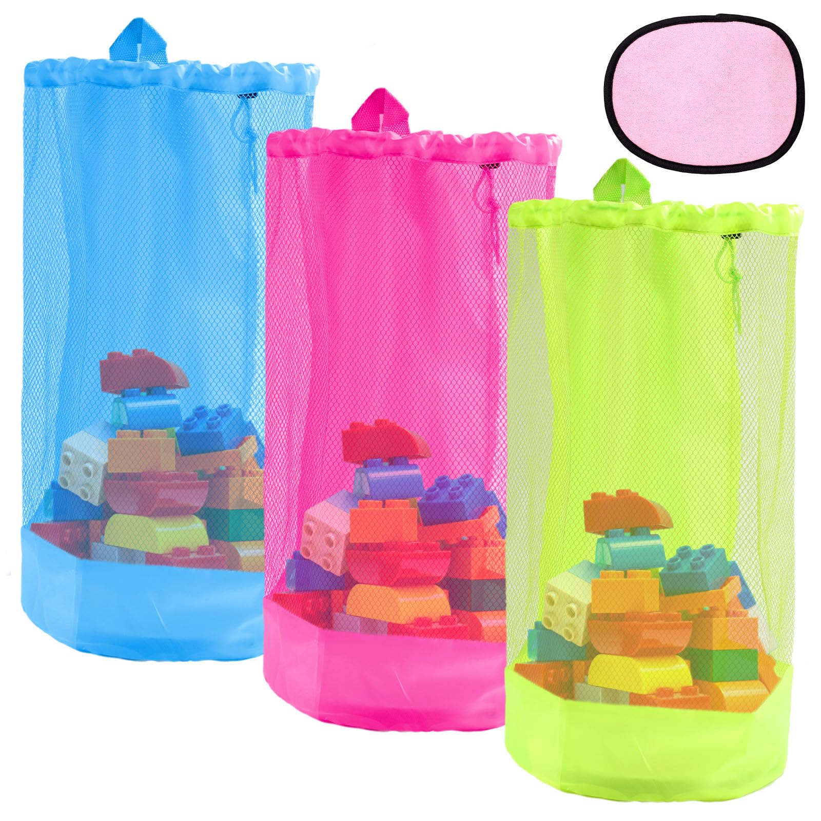 Lyreh 4pcs Mesh Drawstring Beach Toy Tote Bags Set, Include 3 Mesh Sand Pool Toy Backpack and 1 Sand Wipe-Off Mitt for Seaside Trip(Hot Pink, Blue,