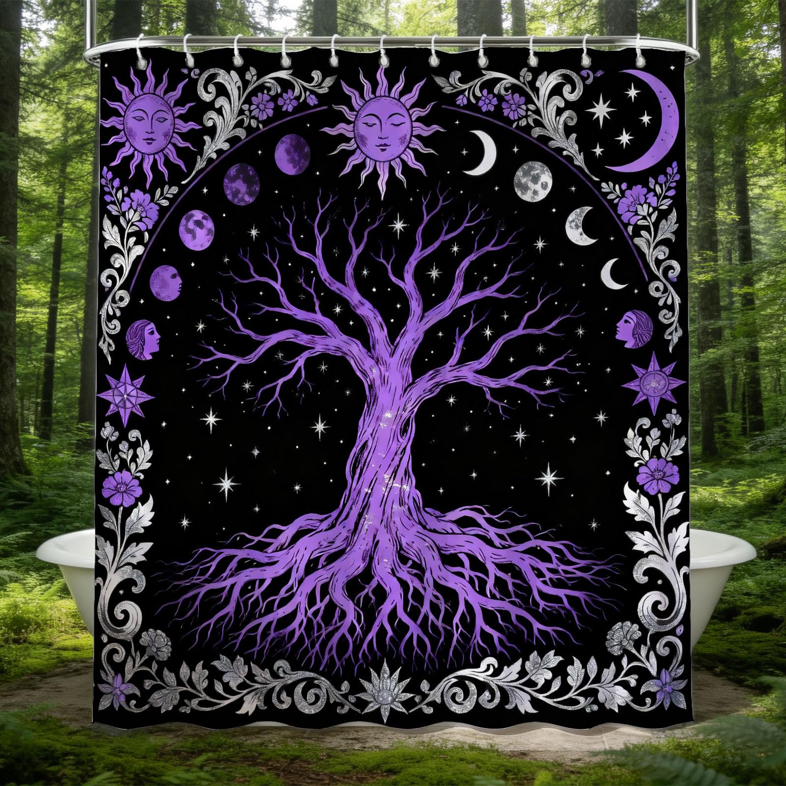 Hongduo 3D Tree Of Life Shower Curtain for Stalls Bathtubs Moon Bathroom Decor Shower Curtain Set Polyester Fabric Waterproof 180x200cm/71X79 Inch with Hooks