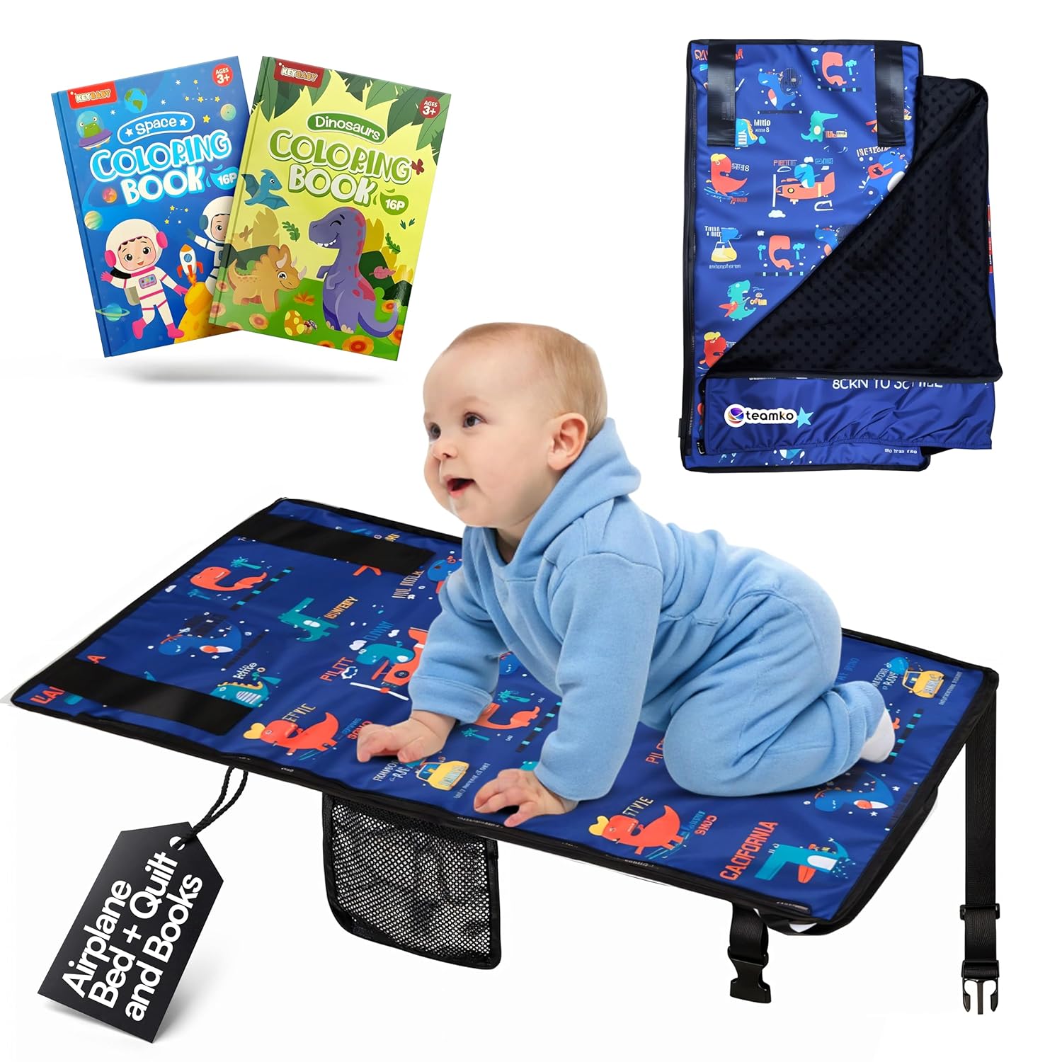 TEAMKO® Toddler Airplane Bed with Quilt + Color Educational Books | Portable Airplane Seat Extender for Kids, Essential Airplane Bed, Compact & Comfortable Travel Bed for Babies and Toddlers