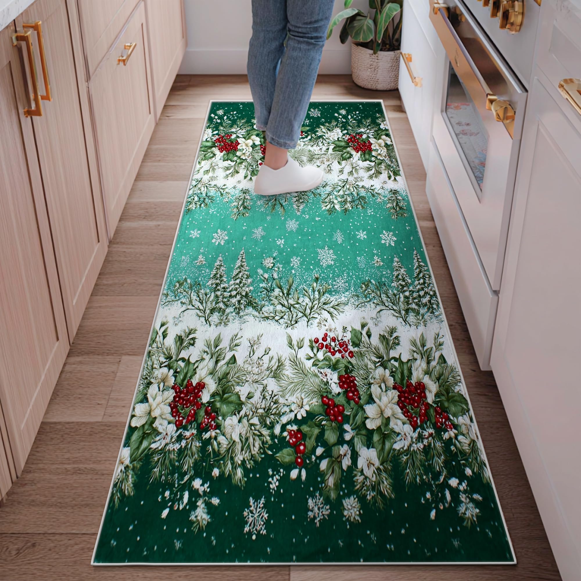 Tapis de cuisine et entrée vert motif flocon de neige et houx 0,6 x 1,8 m