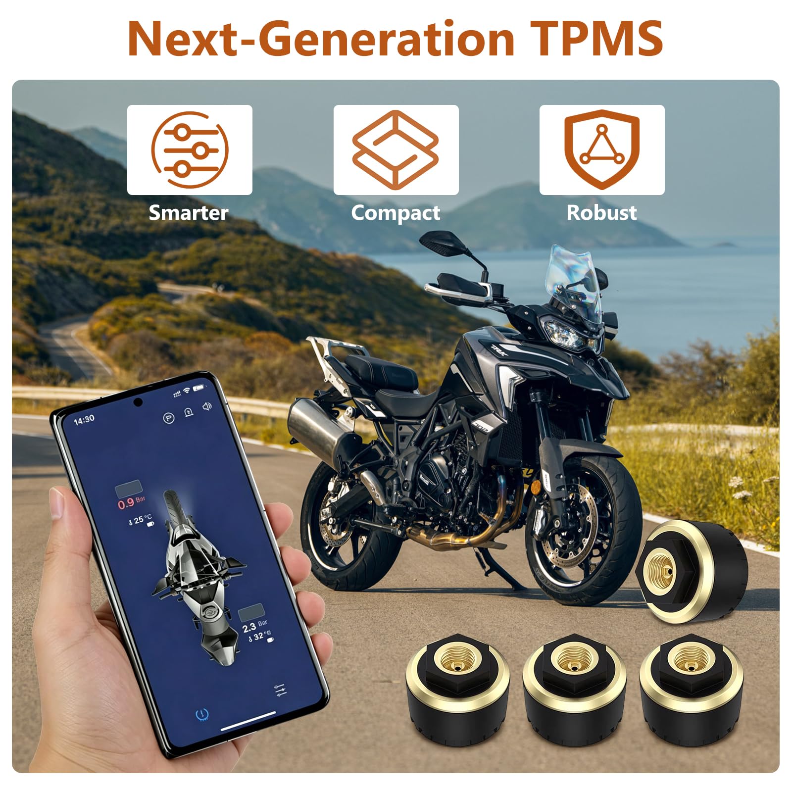 4 motocyklowy system kontroli ciśnienia w oponach TPMS z czystej miedzi, oparty na aplikacji (iOS/Android), ciśnienie i temperatura w czasie rzeczywistym, wodoszczelność IP67, żywotność baterii 2-3