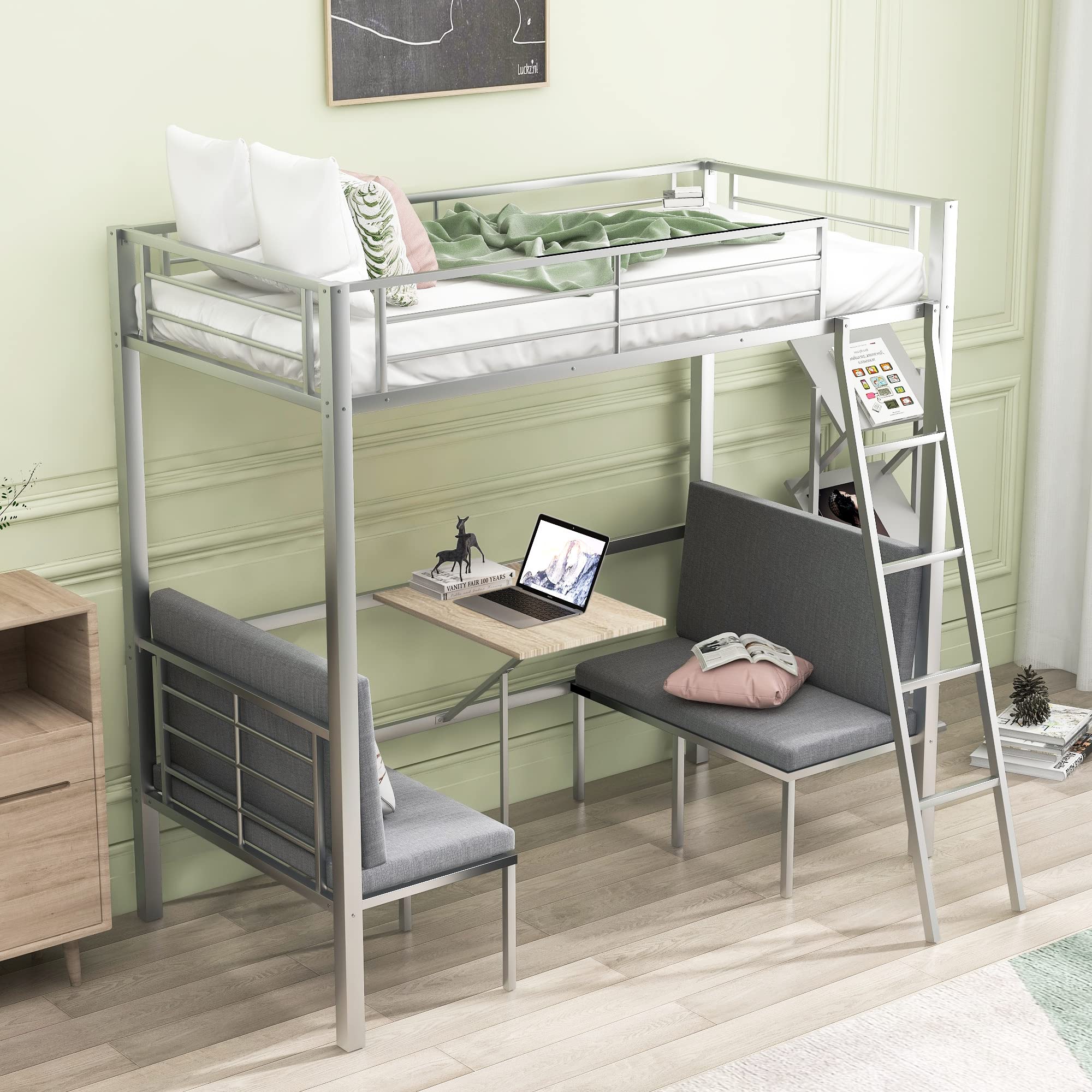 DHP Sage Studio Twin Metal Loft Bed With Integrated Desk And Shelves