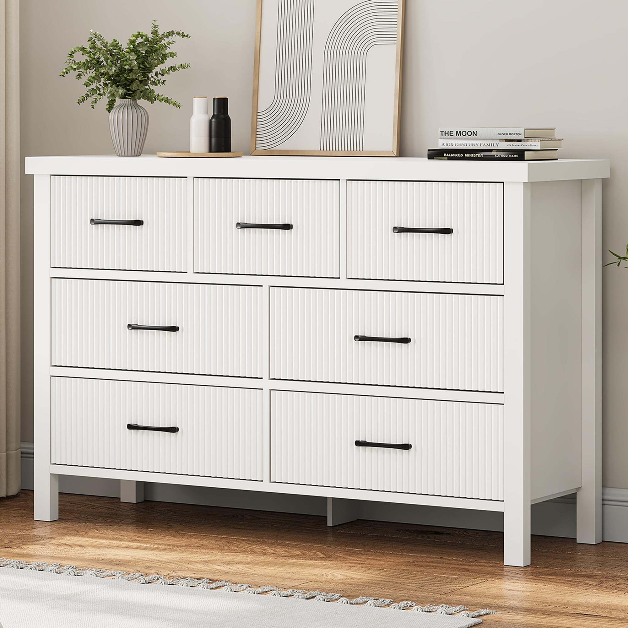 White Dresser 7 Drawer Dresser for Bedroom, Modern Fluted Dresser with Solid Wood Legs, Long Double Wooden Dresser Large Chest of Drawers for Living Room, Entryway, Hallway (White Fluted)