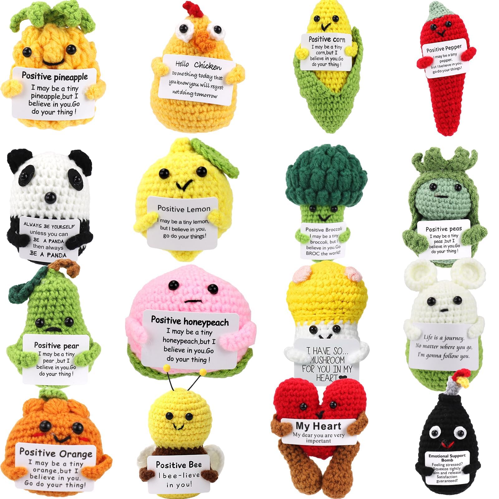 Set di 16 bambole positive all'uncinetto, animali di supporto emotivo fatti a mano con messaggi incoraggianti, accoglienti mini creature lavorate a maglia per la festa della mamma, amici e