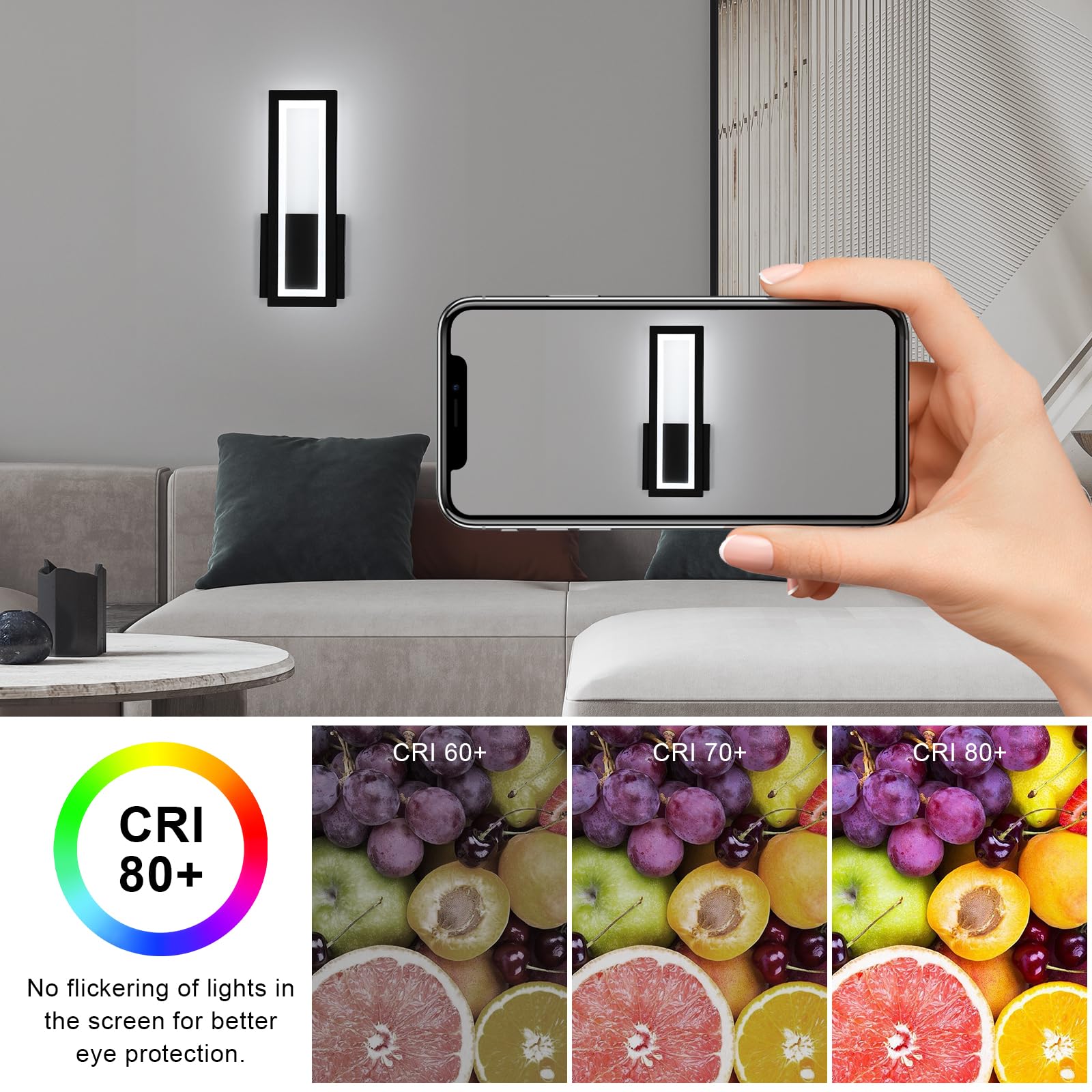 Osairous Applique Murale Intérieure LED, 16W 1800LM Lampe Murale Noir Moderne Acrylique, Luminaire Mural Lumière Blanche 6500K pour Chambre, Salon, Couloir, Escalier, 32CM