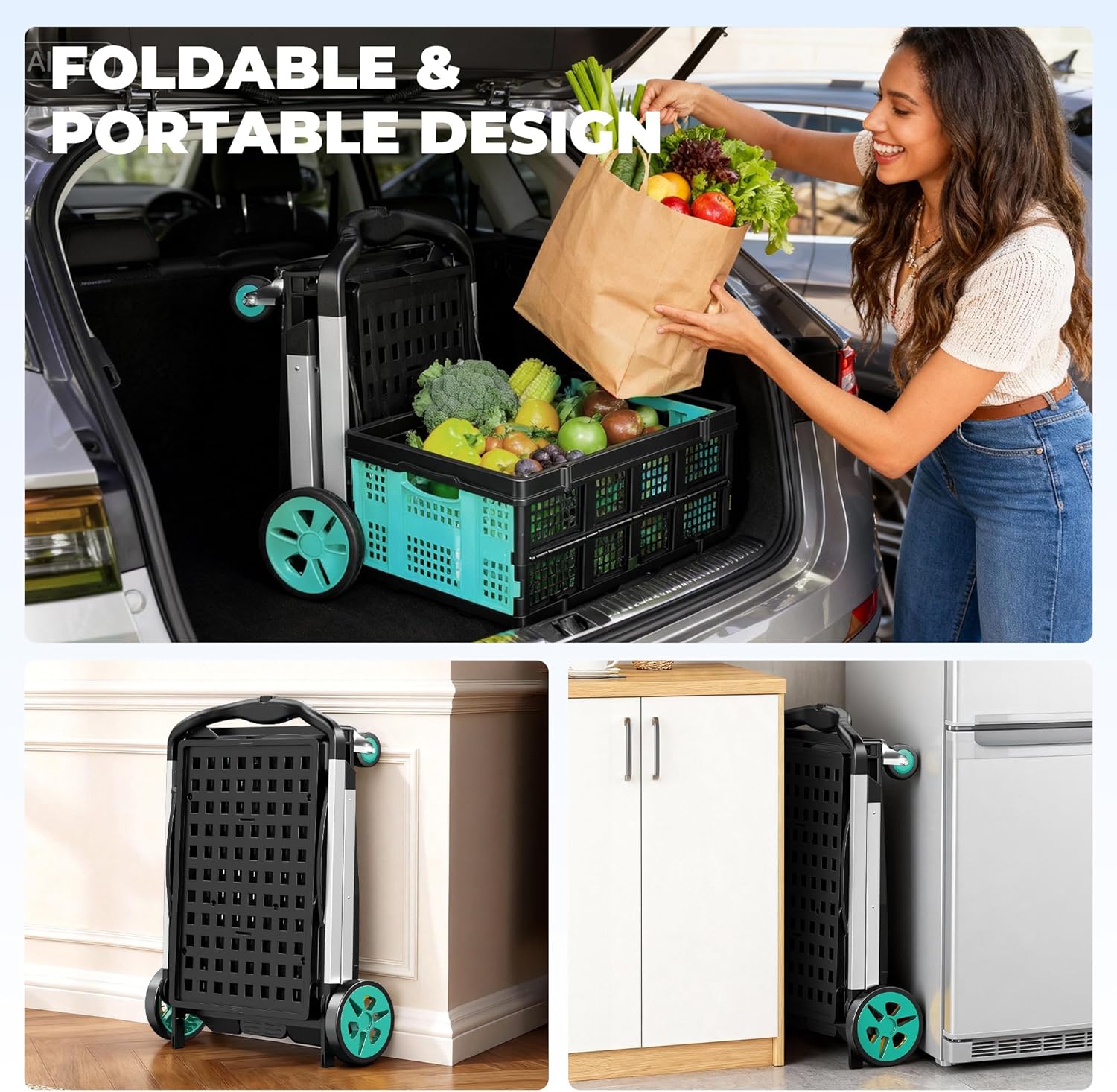 LDHTHOPI Collapsible Shopping Cart with Wheels, 8-in-1 200LBS Capacity with 2 Storage Crate, Folding Grocery Cart, Space-Saving Design for Home, Shopping, Picnic, Office, Teal