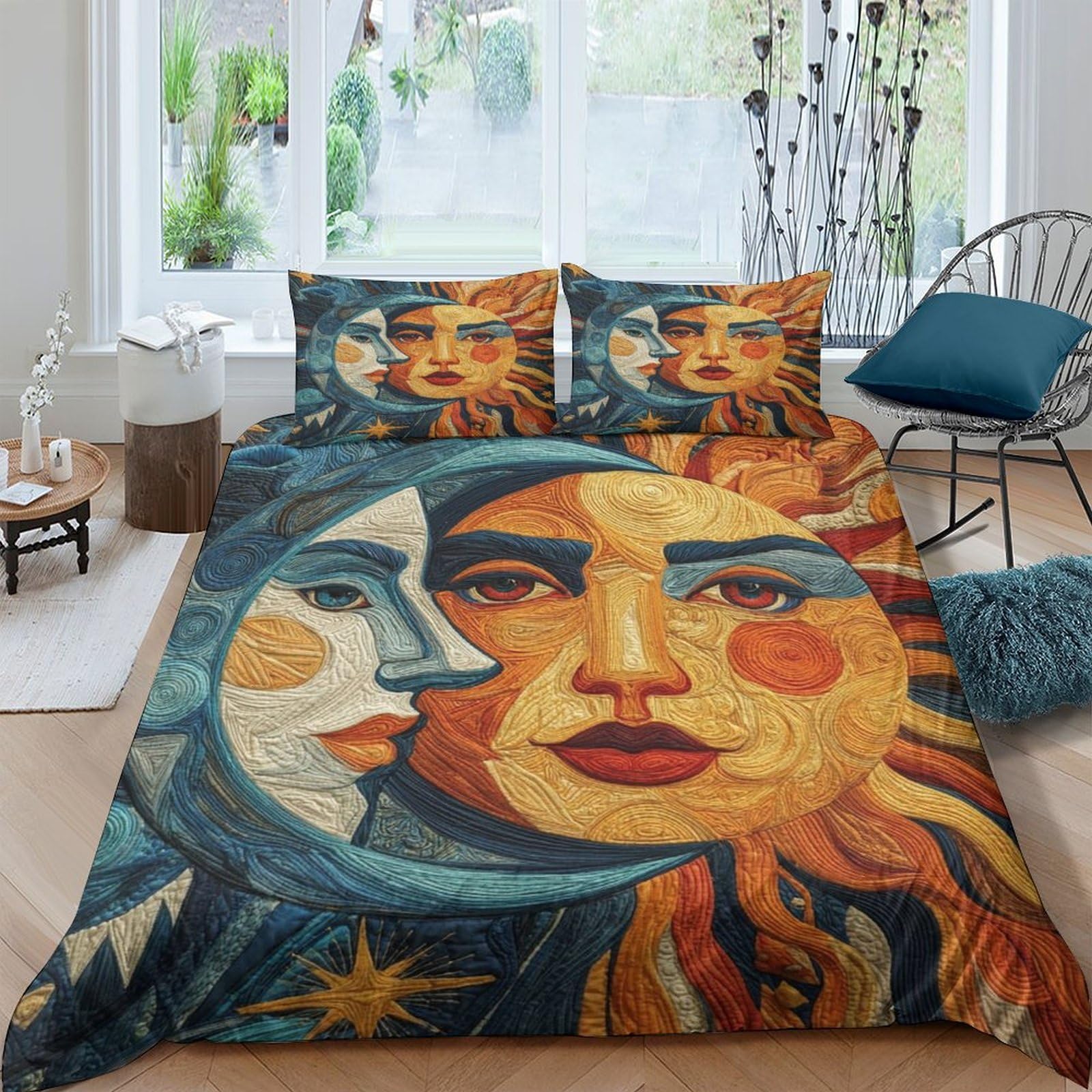 Ctjqhvkz Style-8 3D Printed Sun And Moon Fitted Sheet Microfiber Soft Artistic Face Bed Cover For Bedroom Guest Room Mattress Protection Single（135X200cm）
