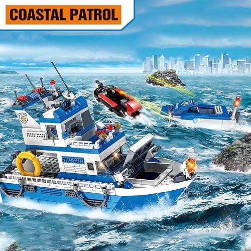 Miniatura 2 de City Boat - Juego de bloques de construcción STEM compatibles con Lego City Police Boat y Barcos, botes de rescate que flotan, kit de construcción