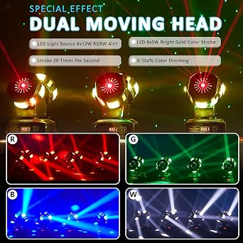 LED Moving Head Dj Lights 8 LEDs DJ Lighting RGB Beam Rotating Stage Lights Strobe & Star Effect with Sound Activated DMX 512 for Party Concert Festival Show